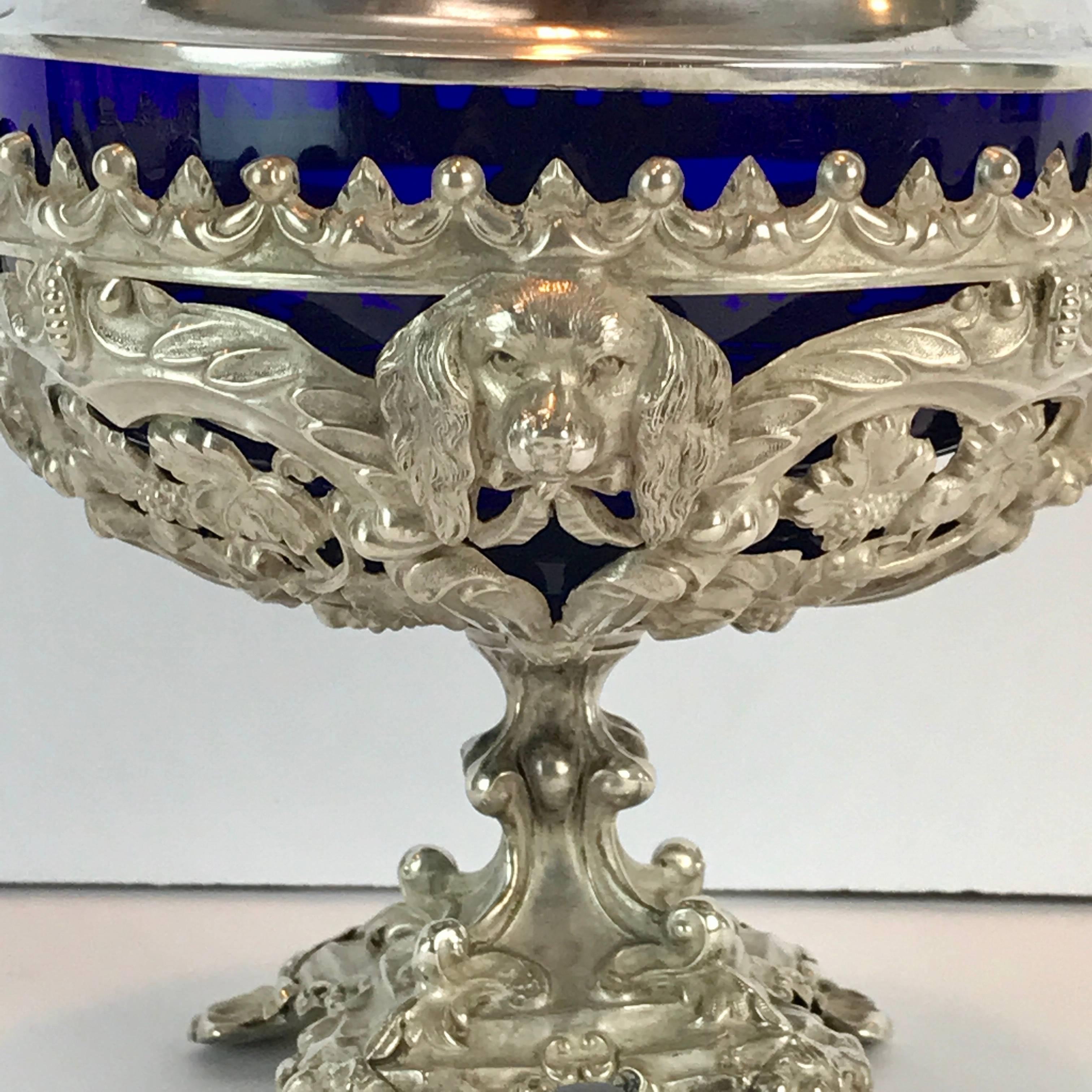 High Victorian Antique Silver Dog Motif Covered Cobalt Urn