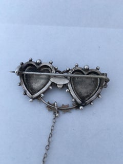 Antique Silver Double Heart Mizpah Brooch / Pin