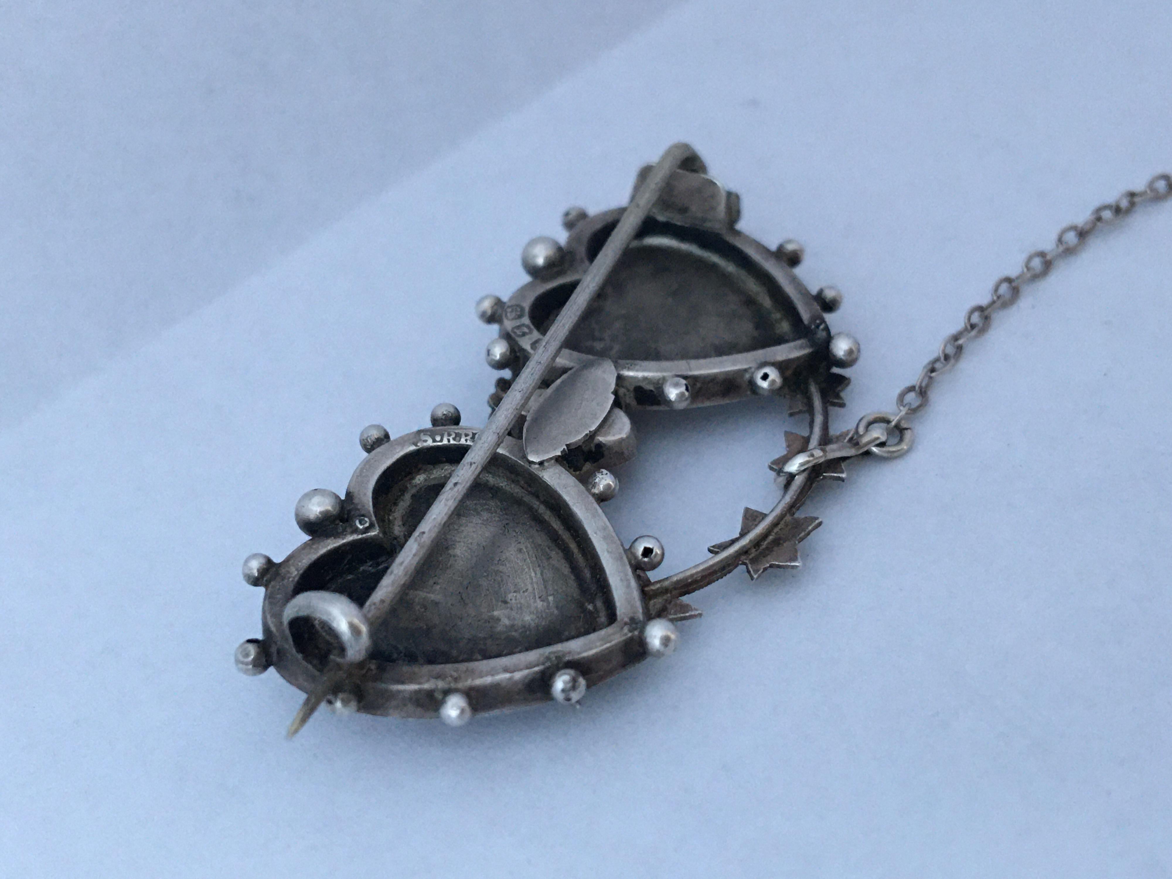 Women's or Men's Antique Silver Double Heart Mizpah Brooch / Pin For Sale