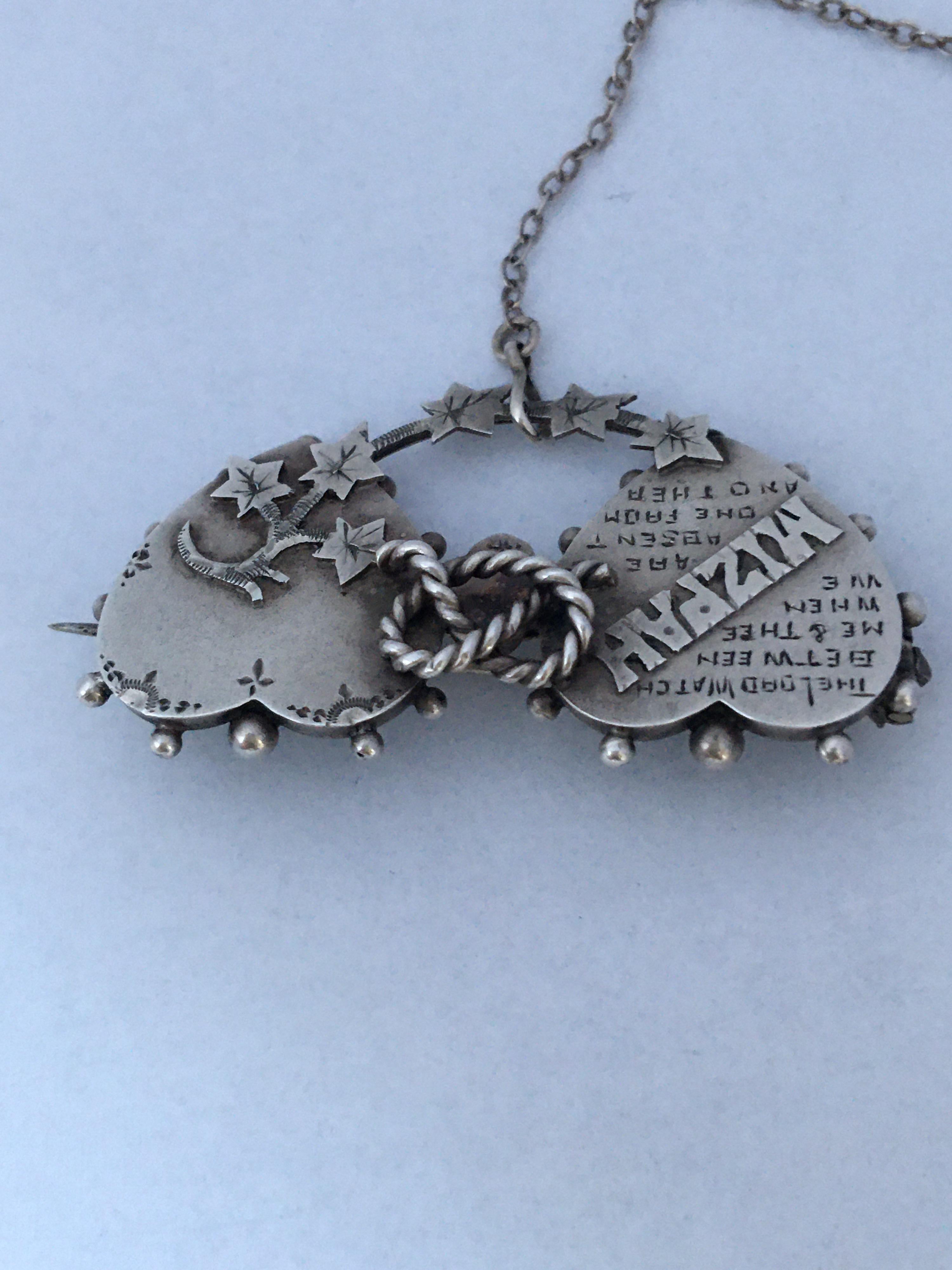 Antique Silver Double Heart Mizpah Brooch / Pin For Sale 2