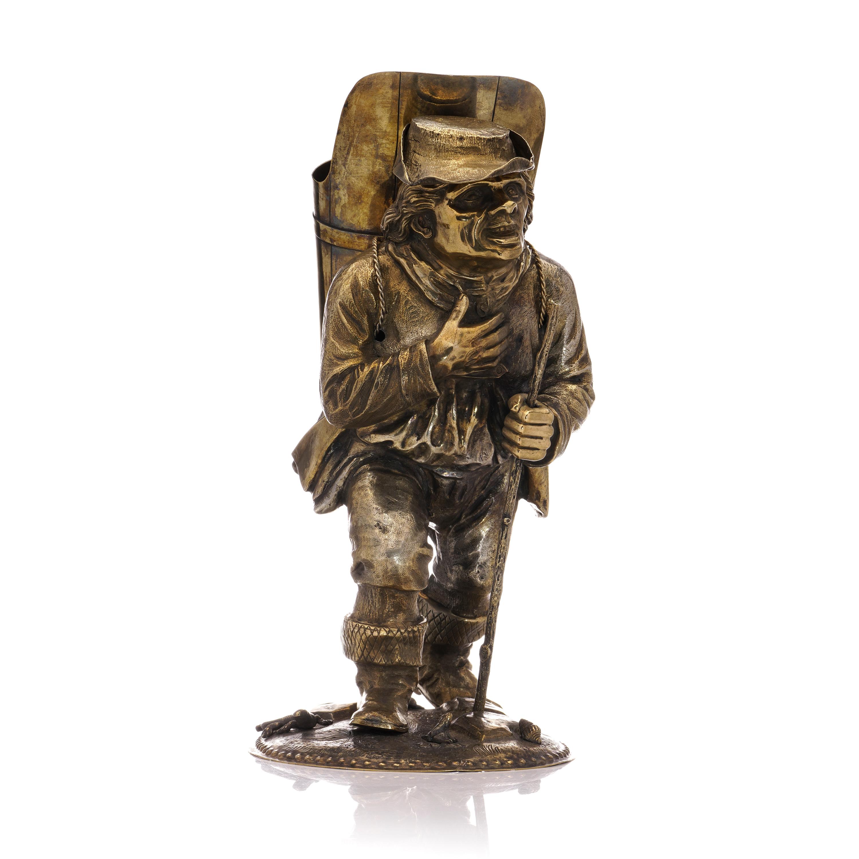 German Antique Silver Drinking Cup in the Form of a Traveller Man Statue For Sale
