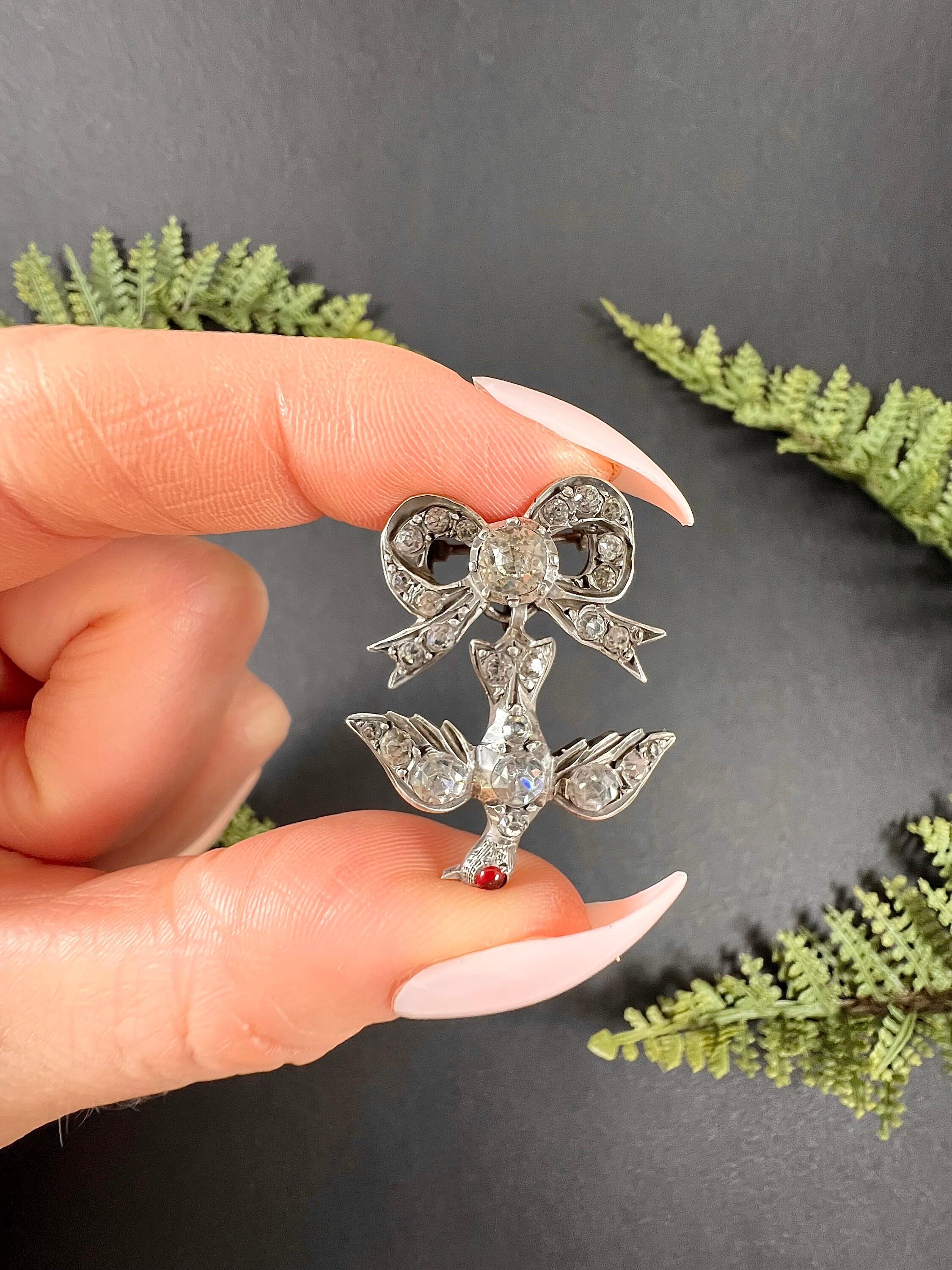 Antique Silver Early Victorian Paste Swallow Bird Brooch With a Garnet Eye 6