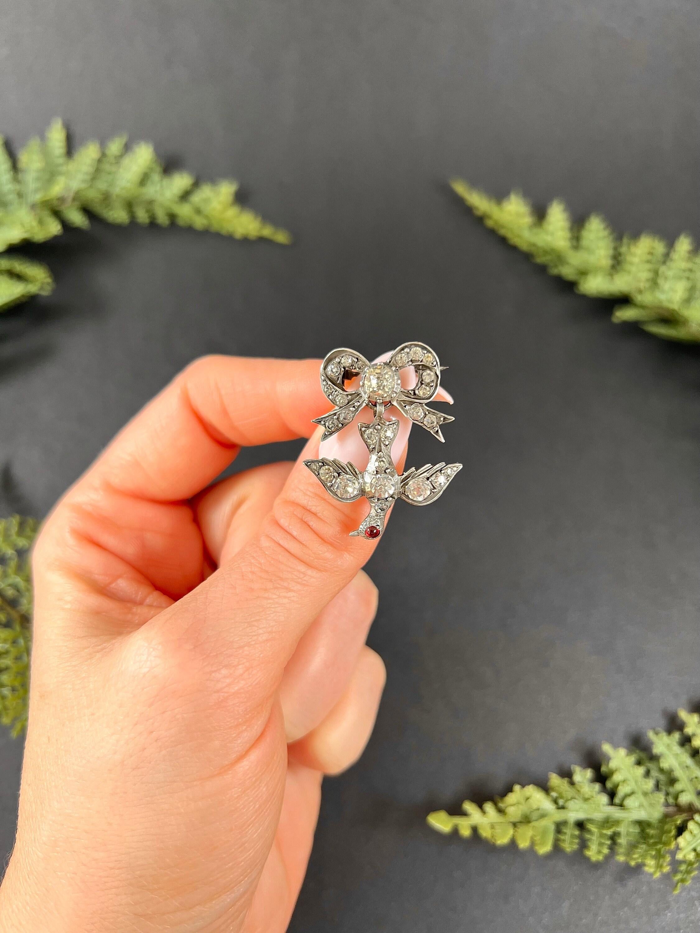 Antique Silver Early Victorian Paste Swallow Bird Brooch With a Garnet Eye 4