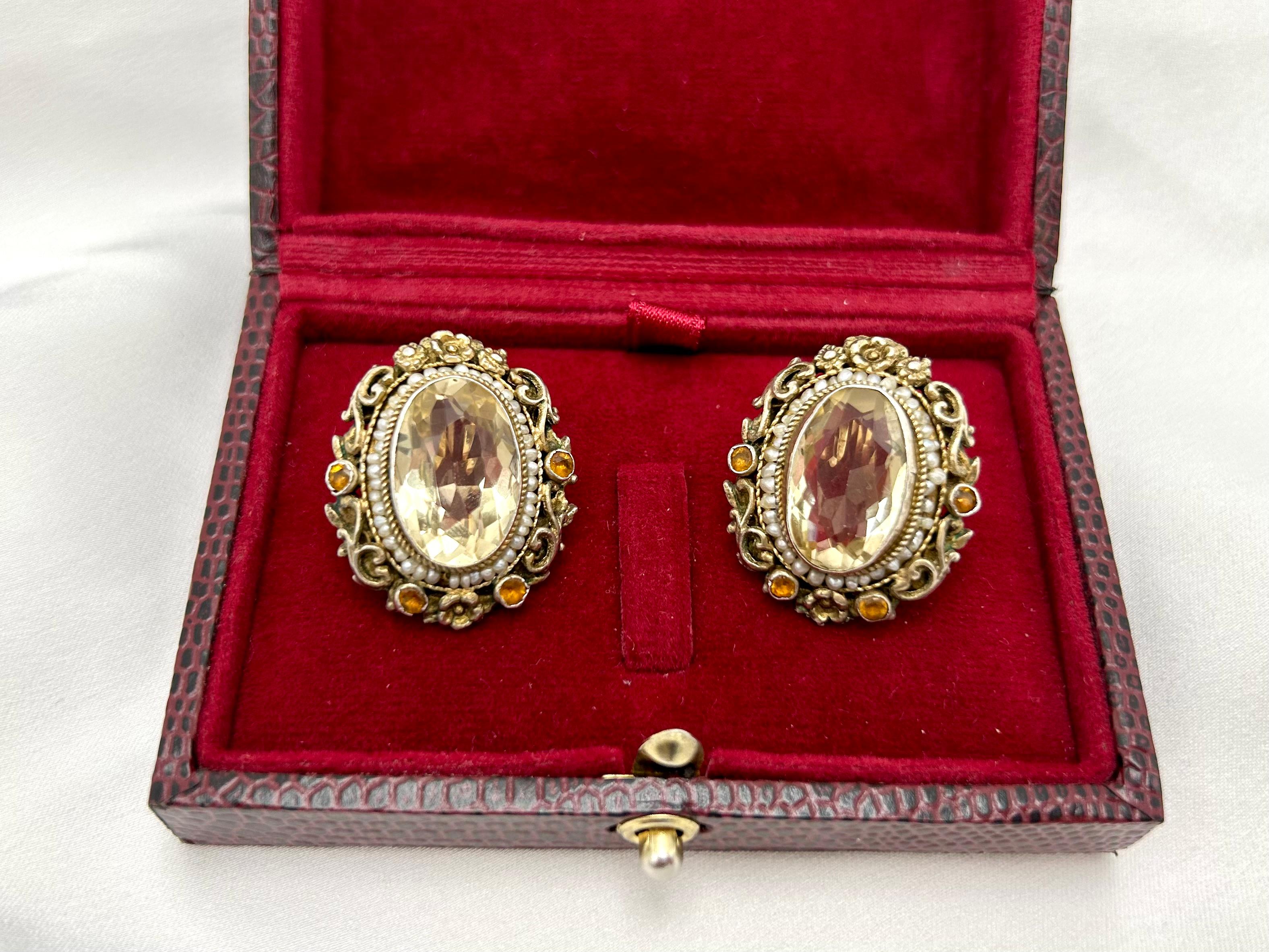 Victorian Antique silver earrings with citrines, garnets and pearls, circa 1900.