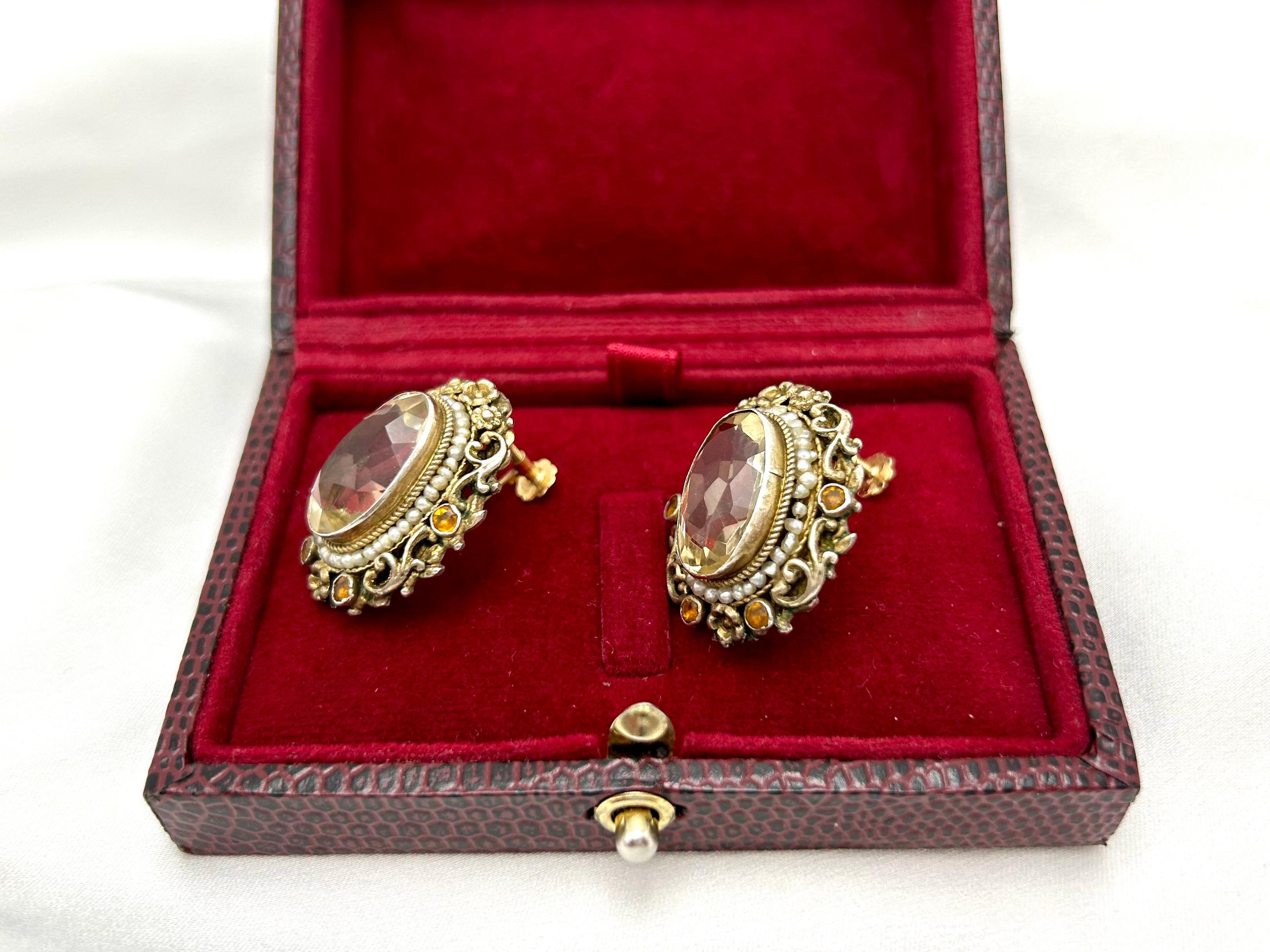 Antike Silberohrringe mit Zitrinen, Granaten und Perlen, um 1900. Damen im Angebot