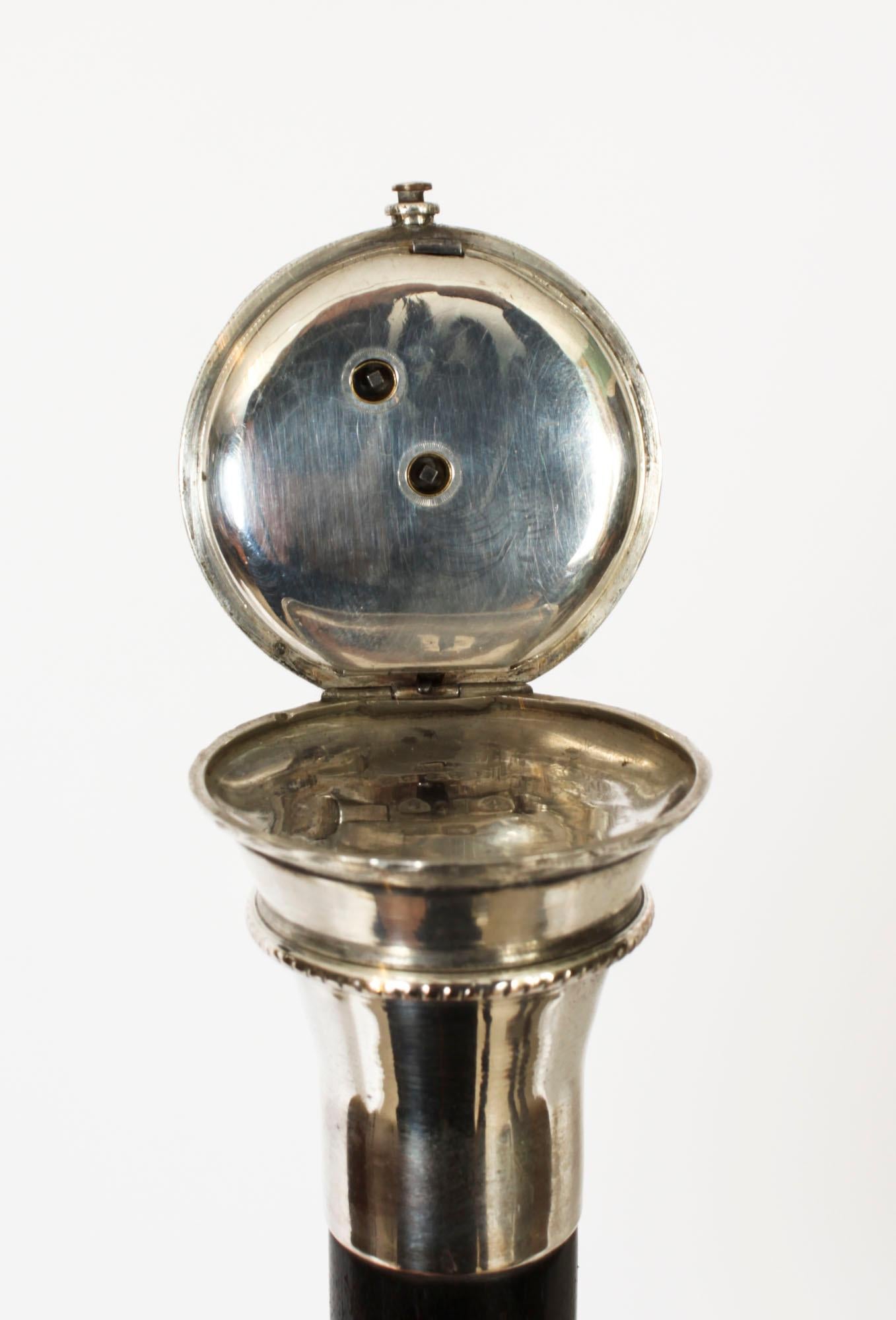 Antique Silver & Ebonised Watch Opera Cane Walking Stick 19th Century 2