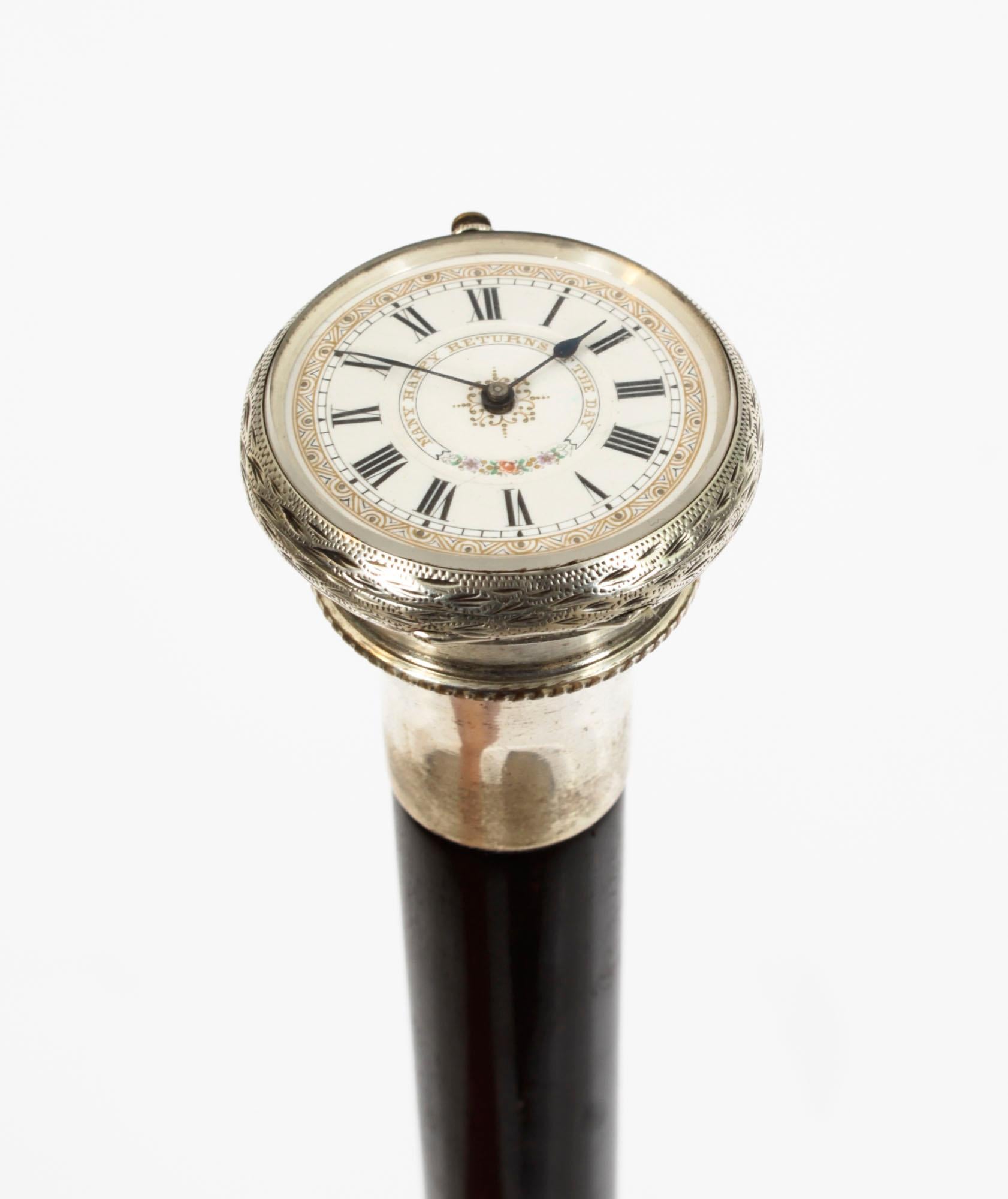This is a beautiful and distinctive antique English Gentlemans ebonised gadget walking stick  watch with an exquisite silver watch fashioned into the handle and bearing hallmarks for Birmingham 1884.

The watch having a decorative silvered dial and