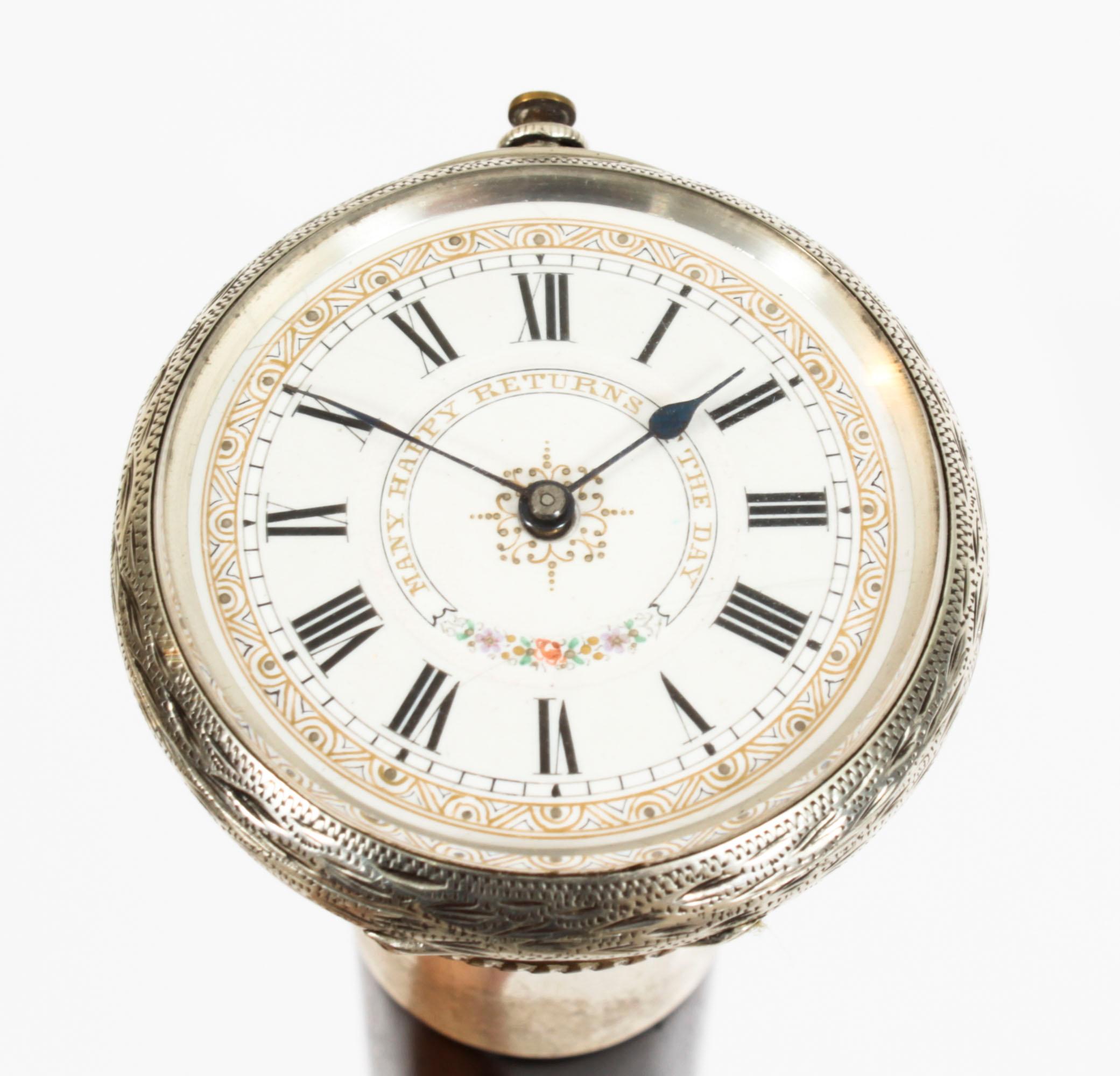 English Antique Silver & Ebonised Watch Opera Cane Walking Stick 19th Century