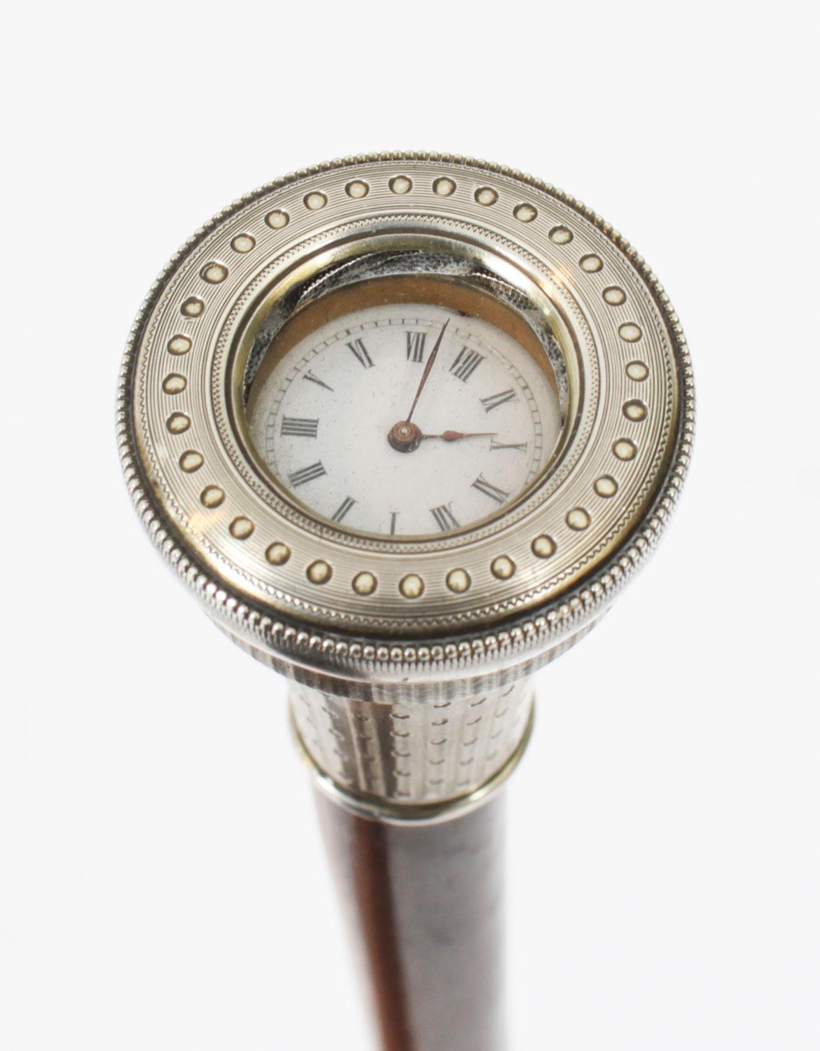 Antique Silver & Ebonised Watch Opera Cane Walking Stick 19th Century In Good Condition In London, GB