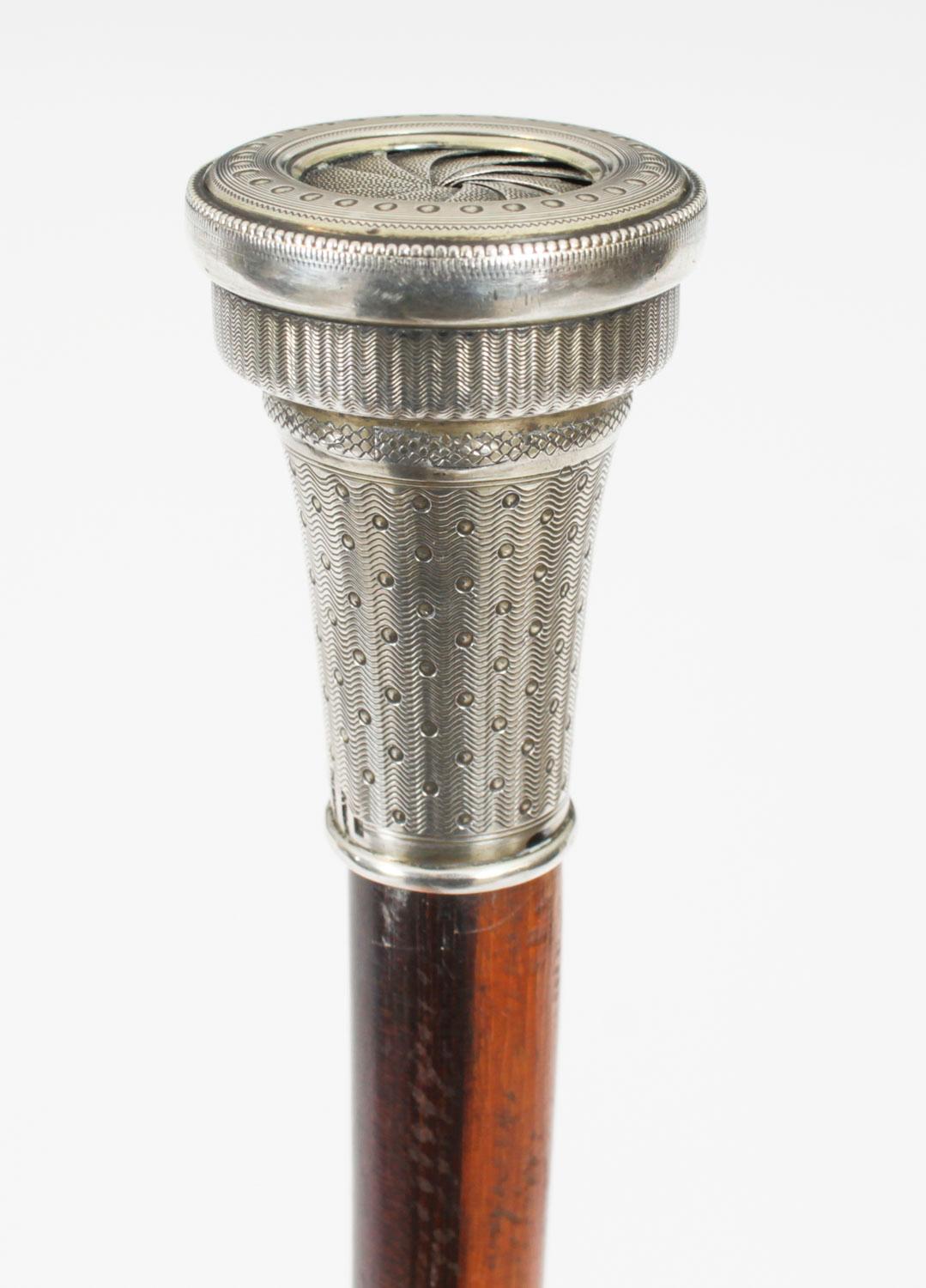 Antique Silver & Ebonised Watch Opera Cane Walking Stick 19th Century 1