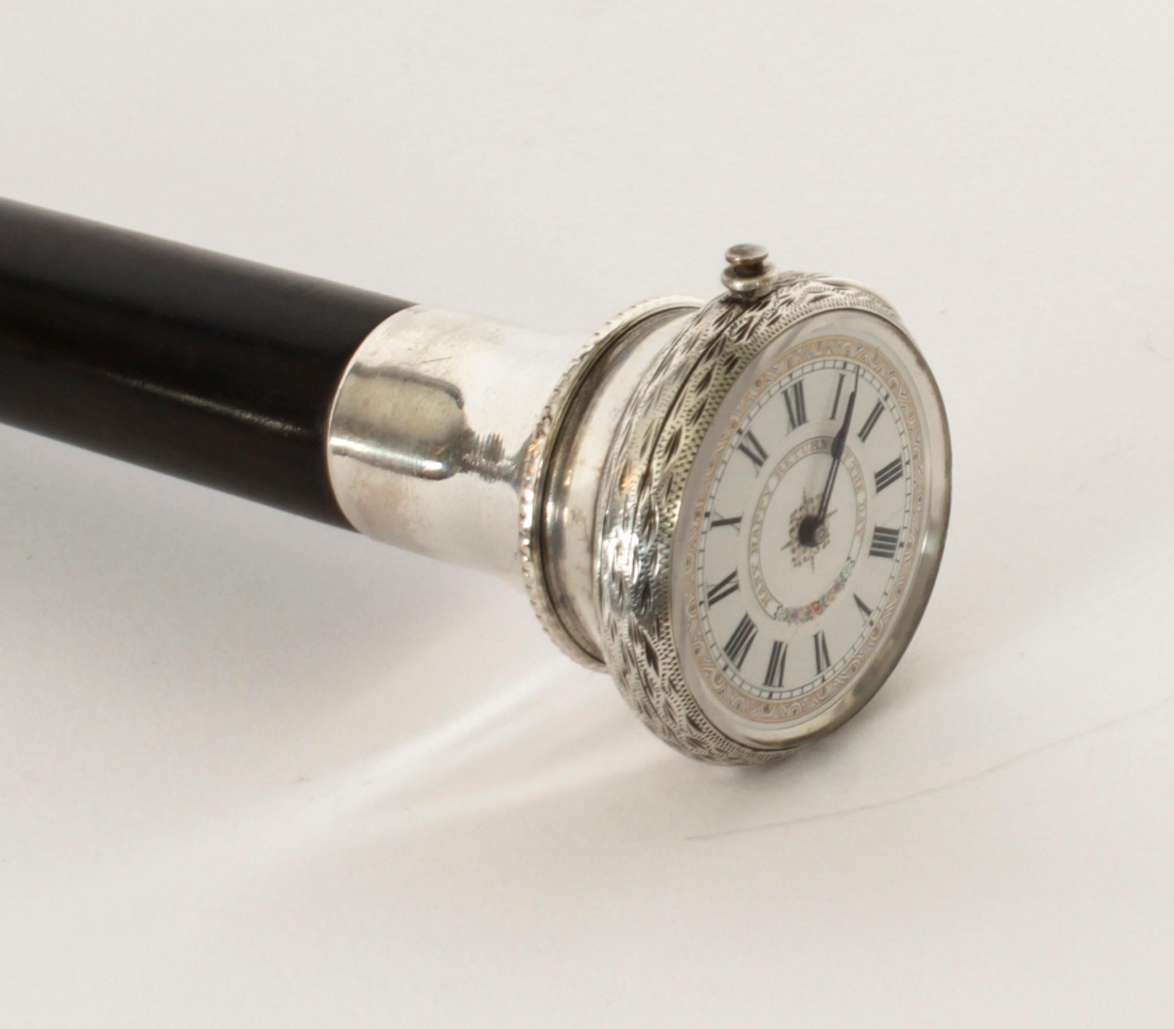 Antique Silver & Ebonised Watch Opera Cane Walking Stick 19th Century 1