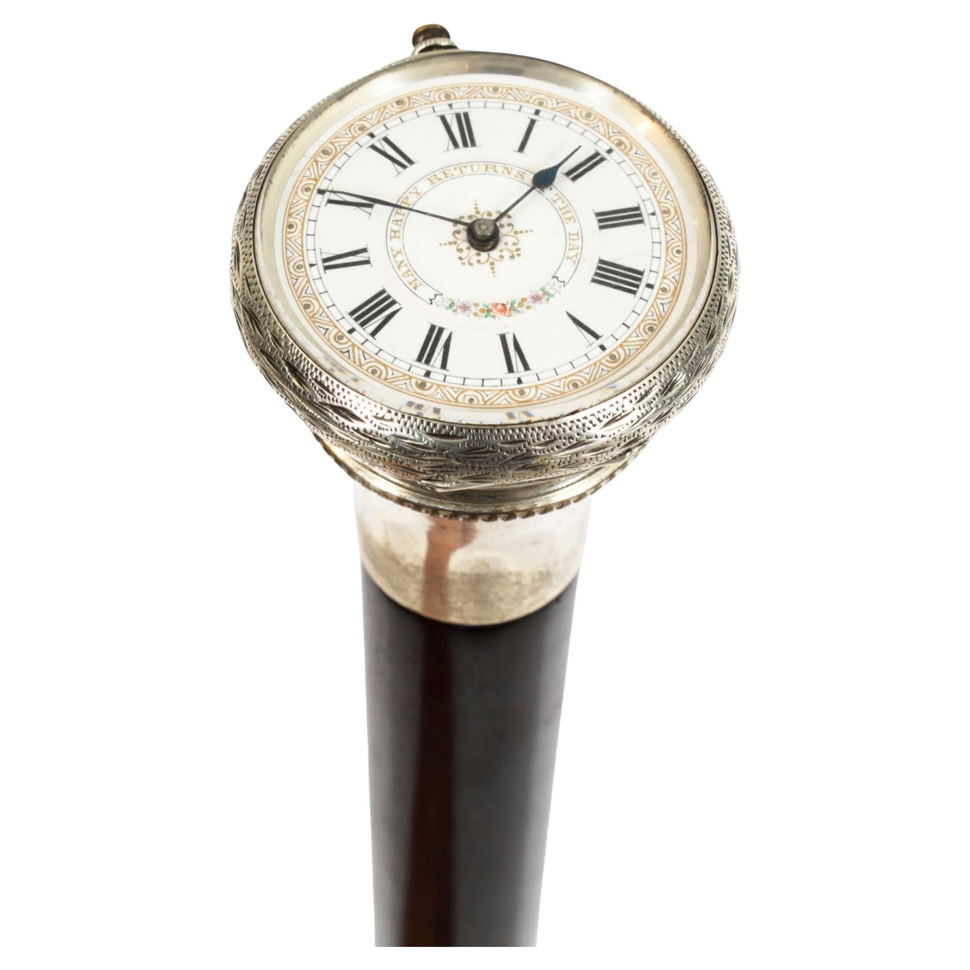 Antique Silver & Ebonised Watch Opera Cane Walking Stick 19th Century