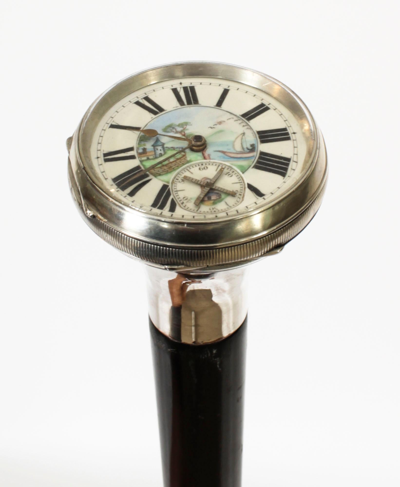 Antique Silver & Ebonised Watch Opera Walking Stick Thomas Peter Hewit 10
