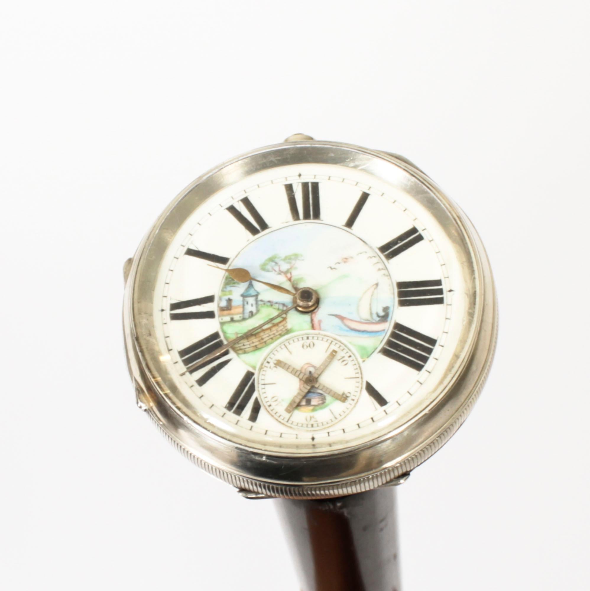 Antique Silver & Ebonised Watch Opera Walking Stick Thomas Peter Hewit In Good Condition In London, GB