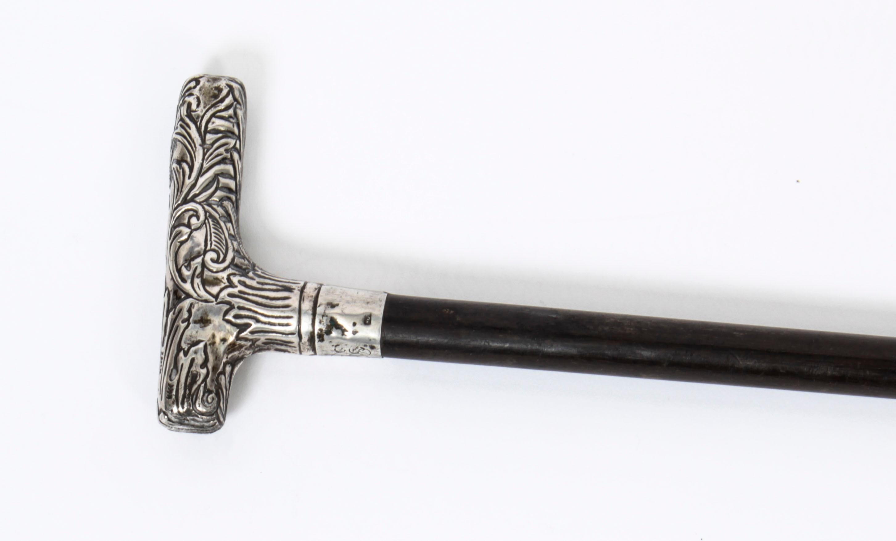 Antique Silver Ebonized Walking Cane Stick, 19th Century 7