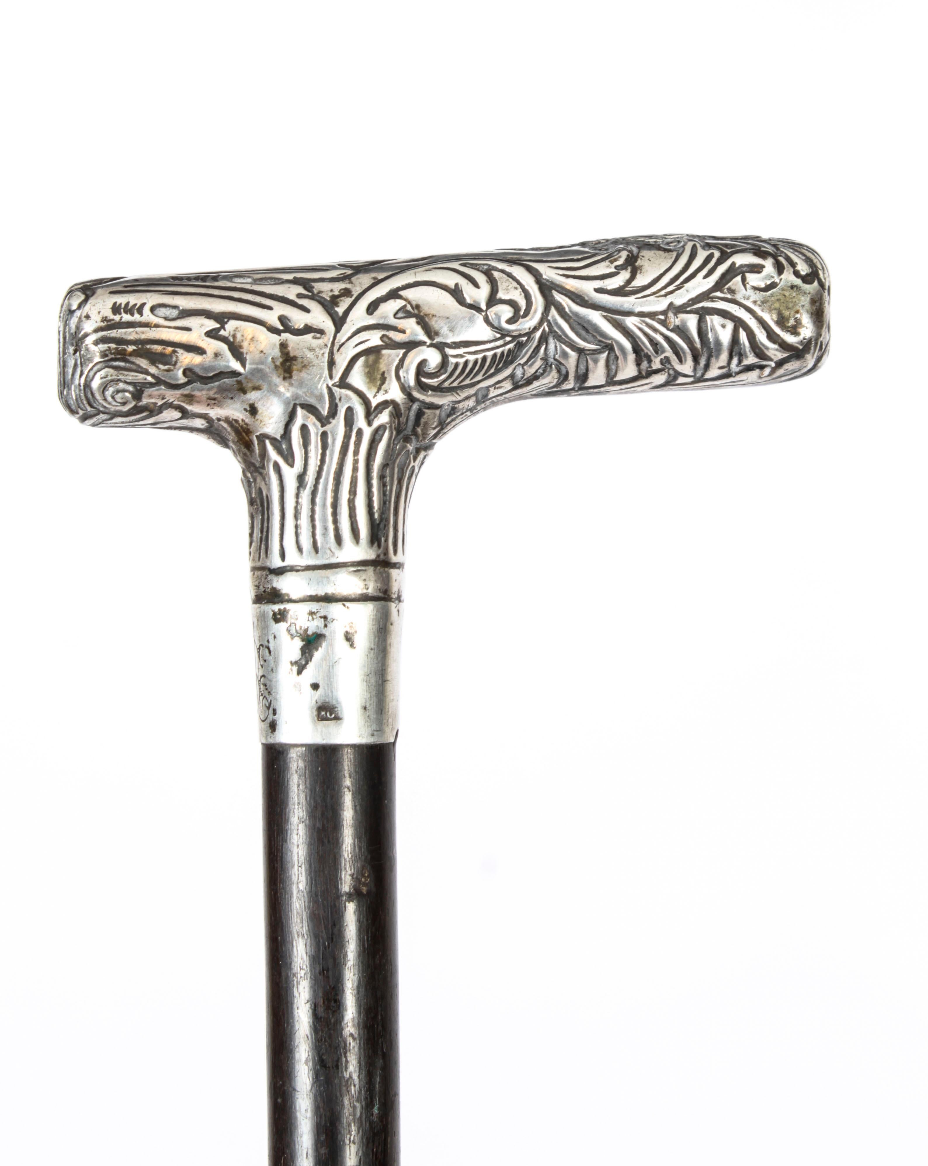 French Antique Silver Ebonized Walking Cane Stick, 19th Century