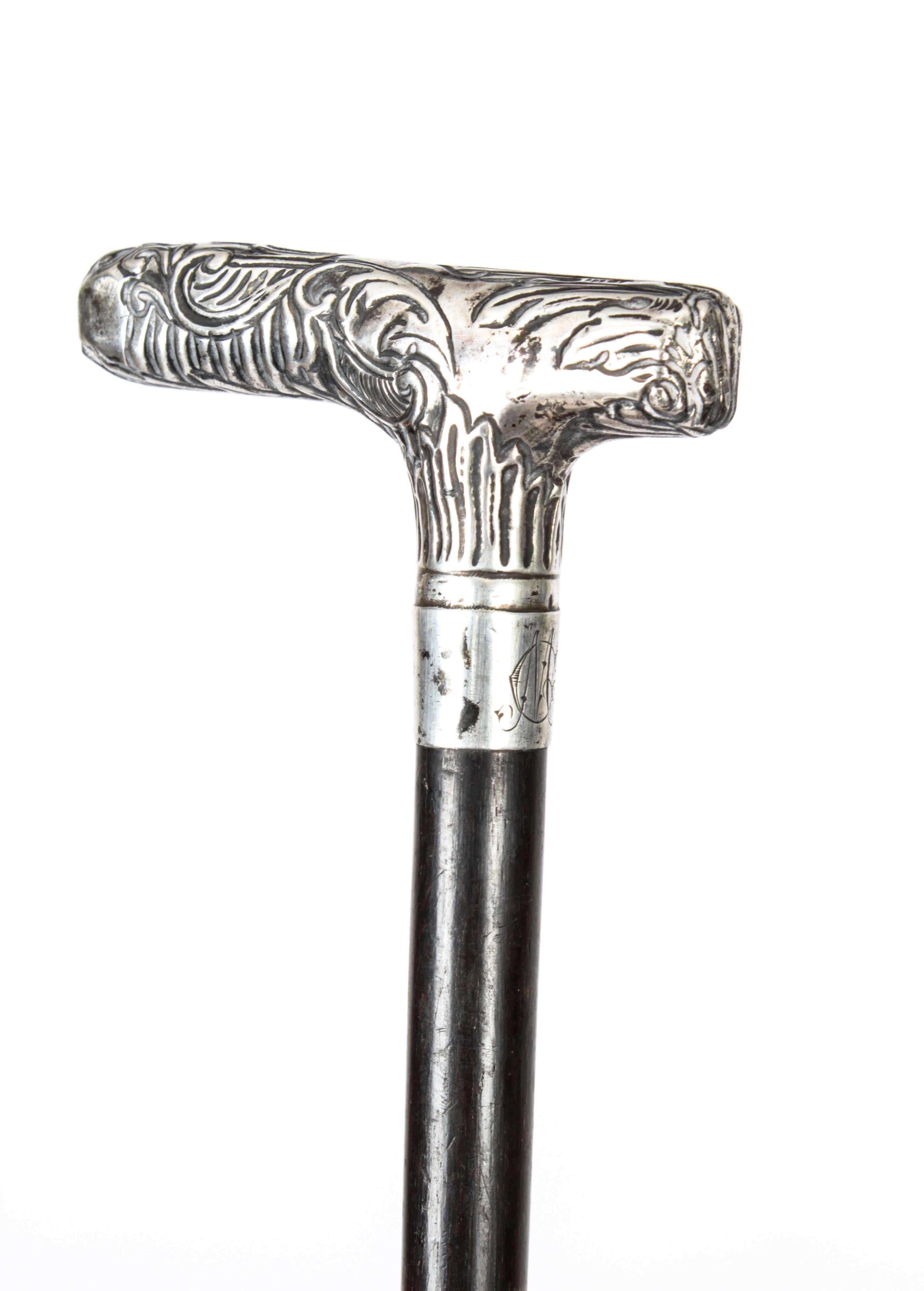 Late 19th Century Antique Silver Ebonized Walking Cane Stick, 19th Century