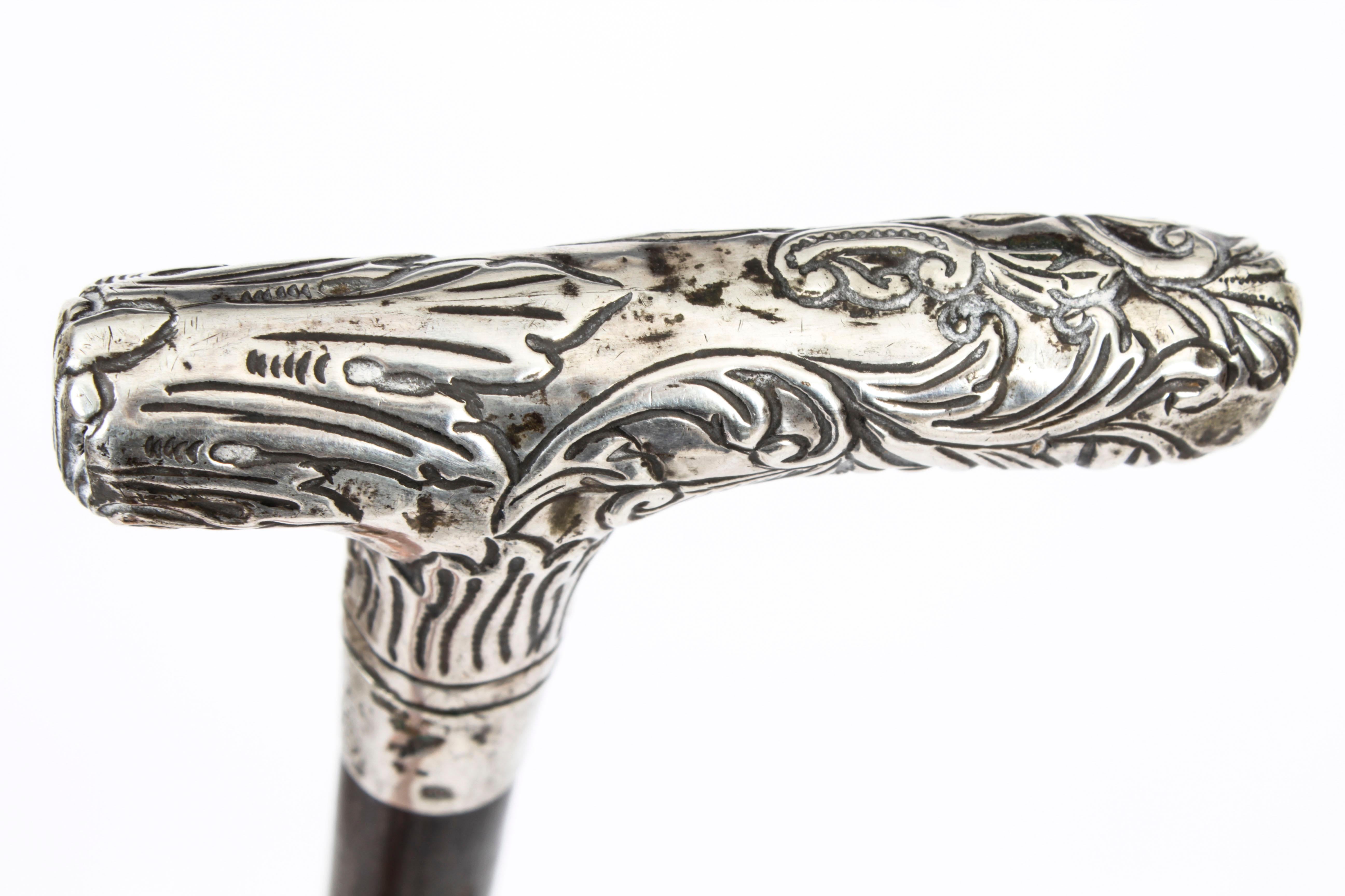 Antique Silver Ebonized Walking Cane Stick, 19th Century 1
