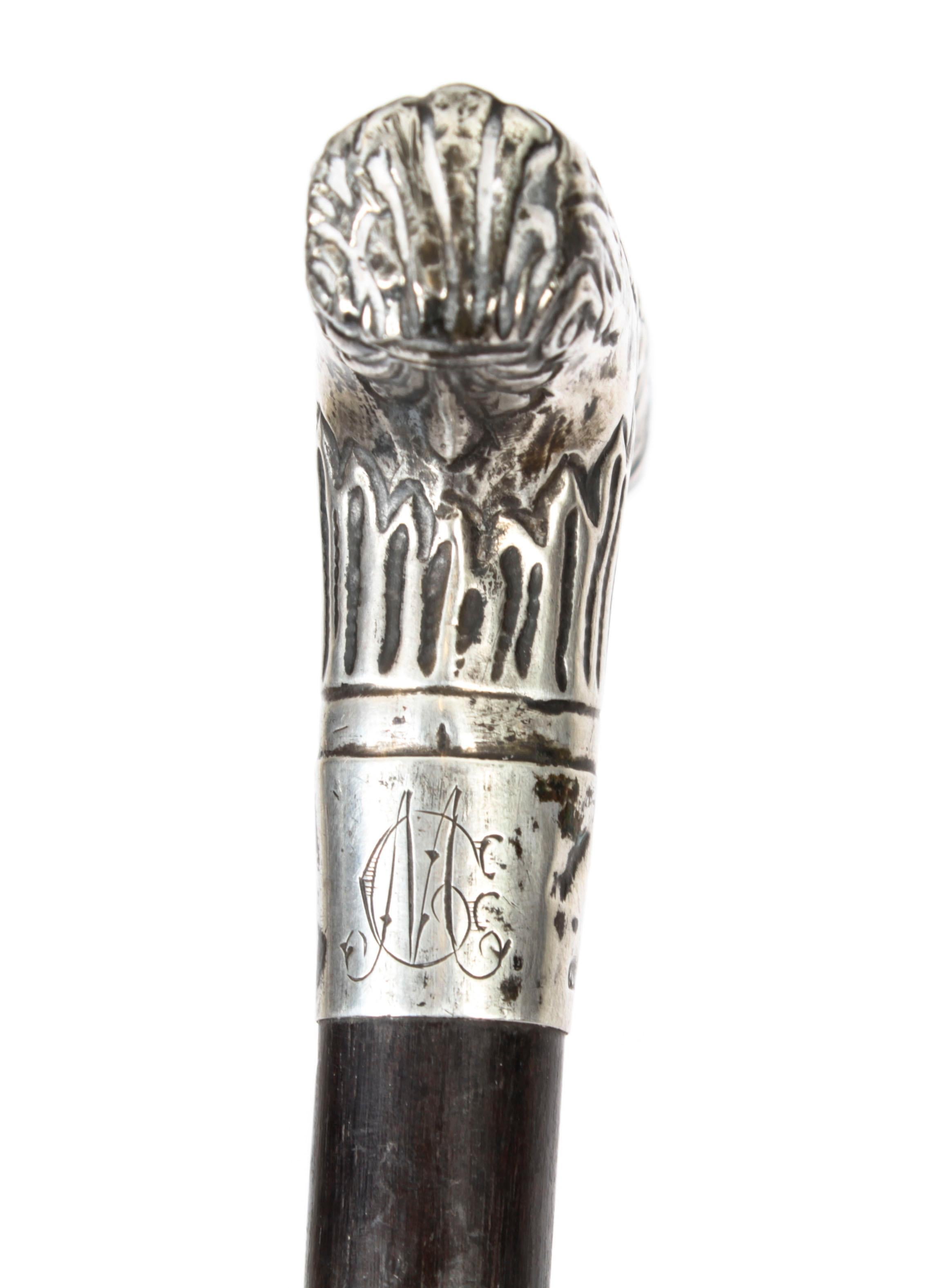Antique Silver Ebonized Walking Cane Stick, 19th Century 2