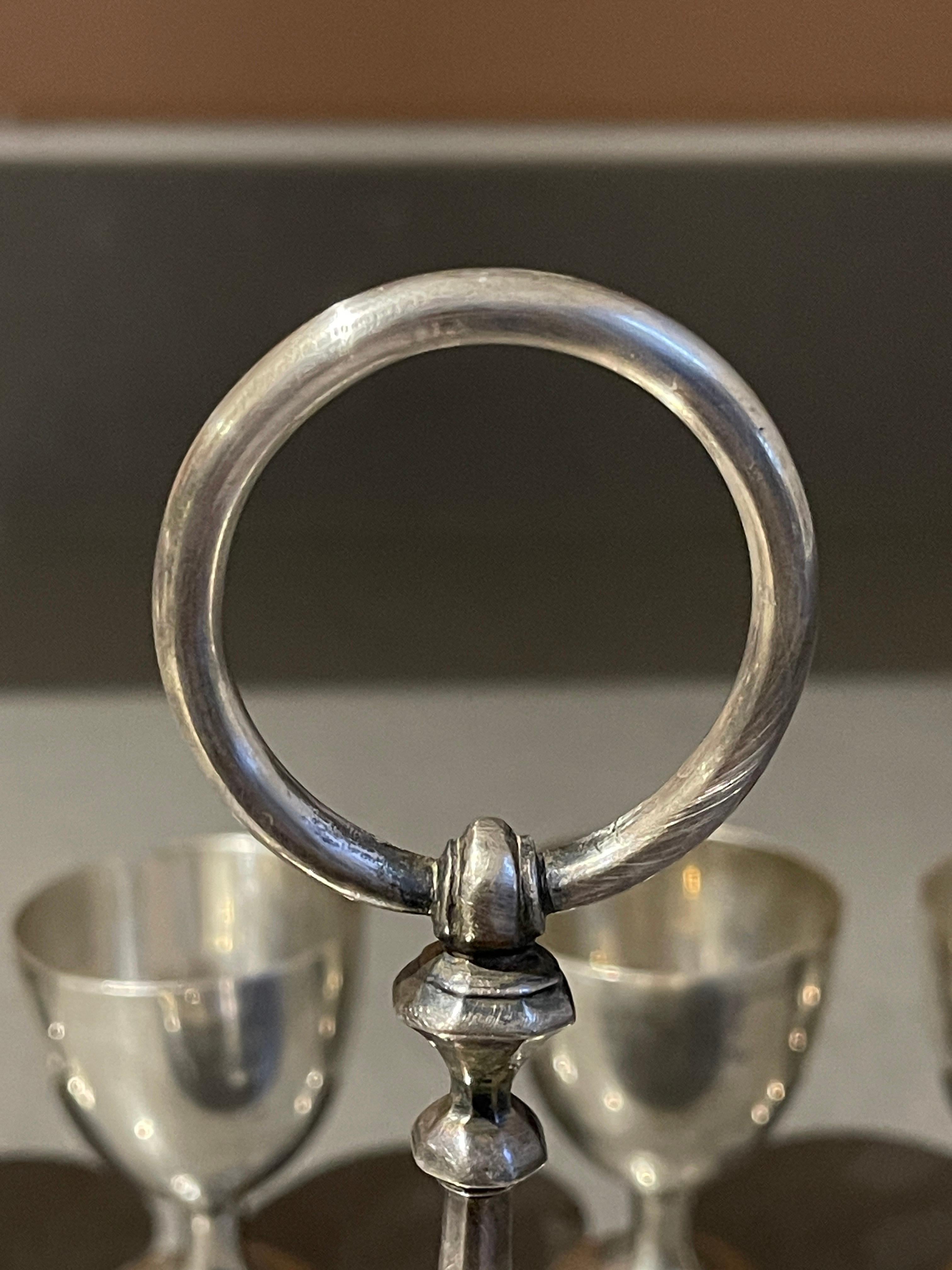 Hand-Crafted Antique Silver Egg Coddler Stand Holder set of 4 Egg Holder with 4 Silver Spoons For Sale