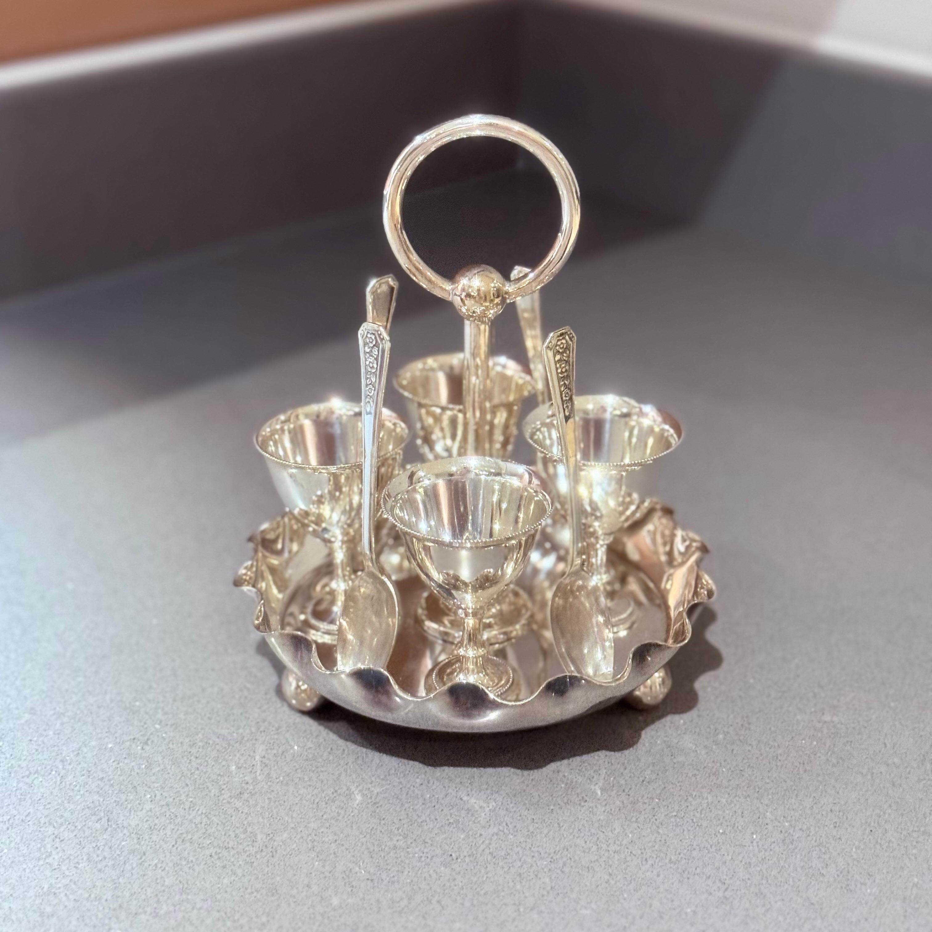 Antique Silver Egg Coddler Stand Holder set of 4 Egg Holder with 4 Silver Spoons For Sale 3