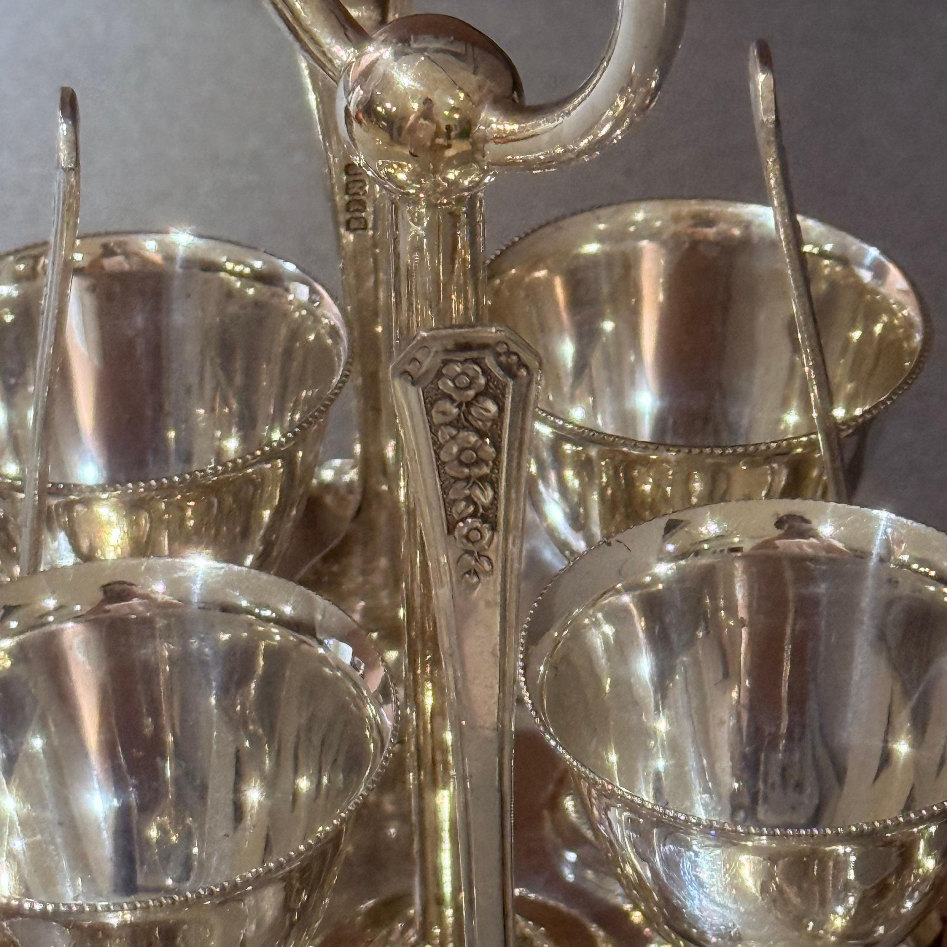 Antique Silver Egg Coddler Stand Holder set of 4 Egg Holder with 4 Silver Spoons For Sale 4