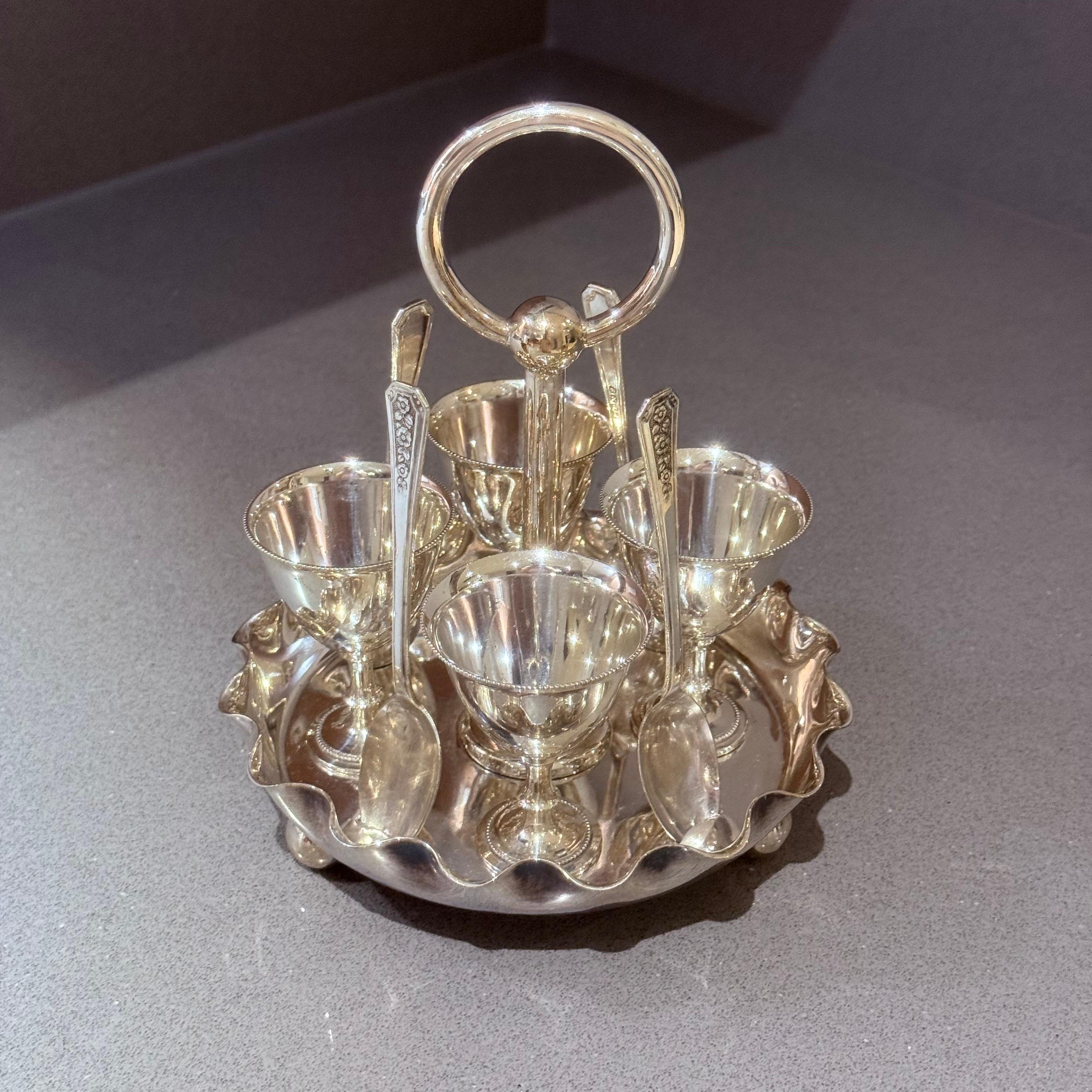 Antique Silver Egg Coddler Stand Holder set of 4 Egg Holder with 4 Silver Spoons For Sale 5