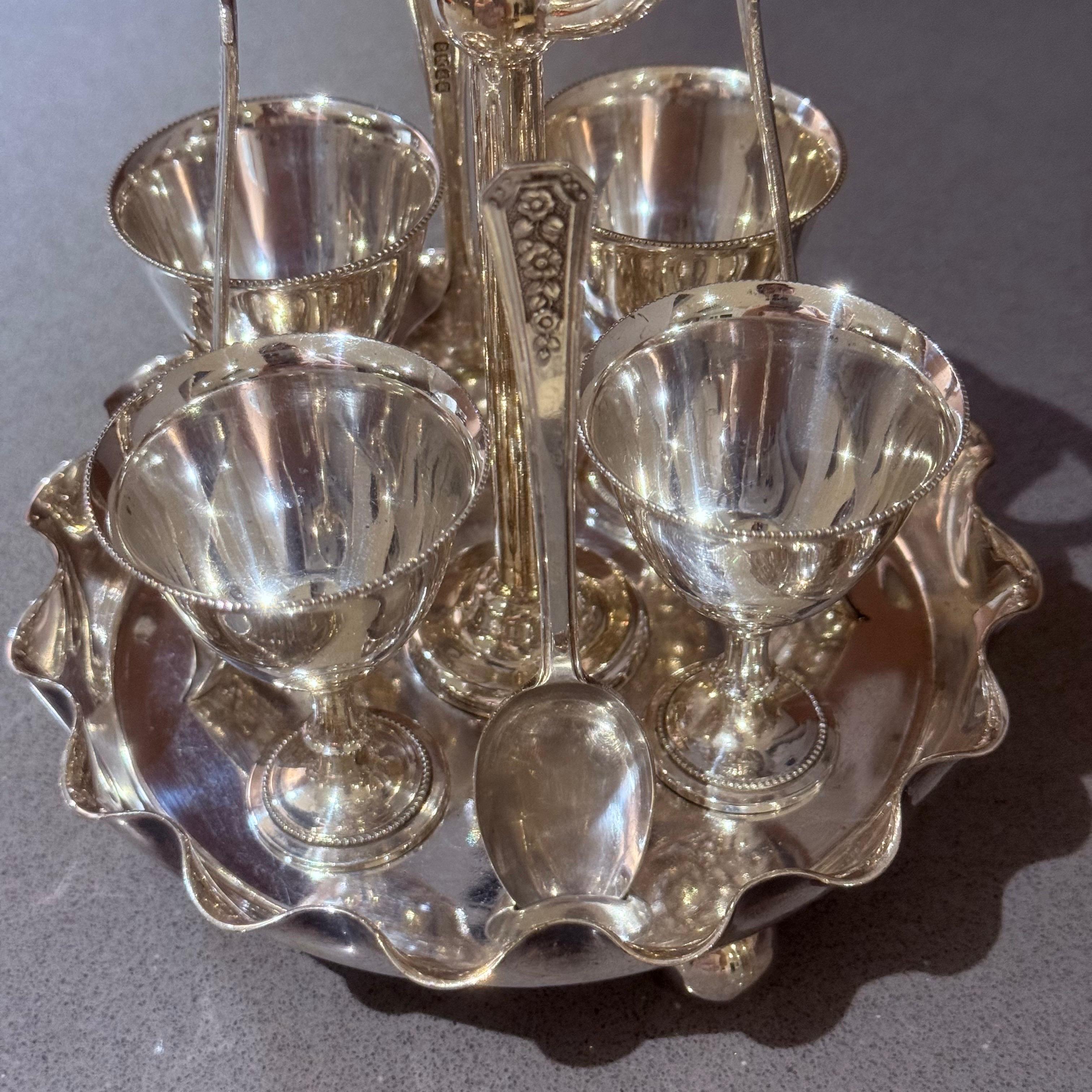 Antique Silver Egg Coddler Stand Holder set of 4 Egg Holder with 4 Silver Spoons For Sale 6