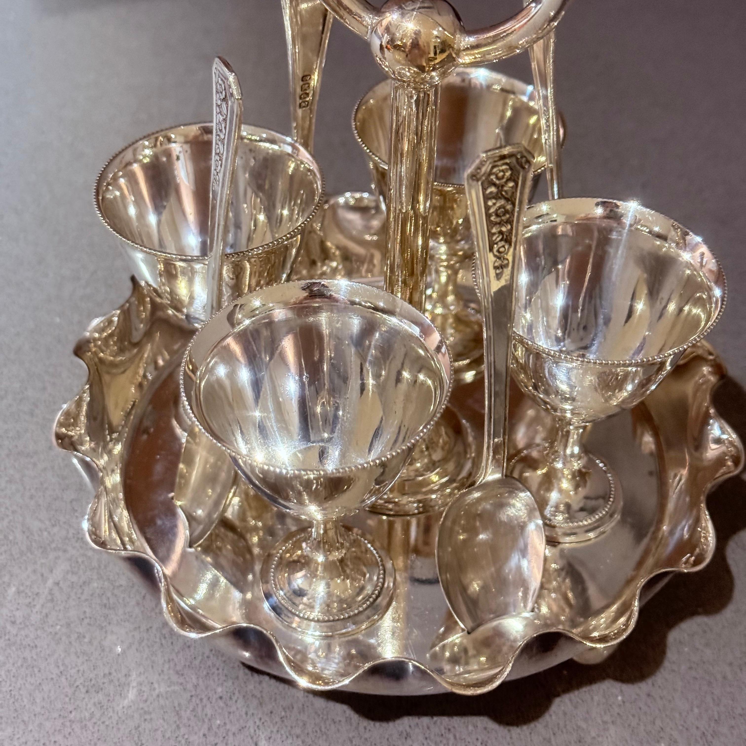 Antique Silver Egg Coddler Stand Holder set of 4 Egg Holder with 4 Silver Spoons For Sale 8