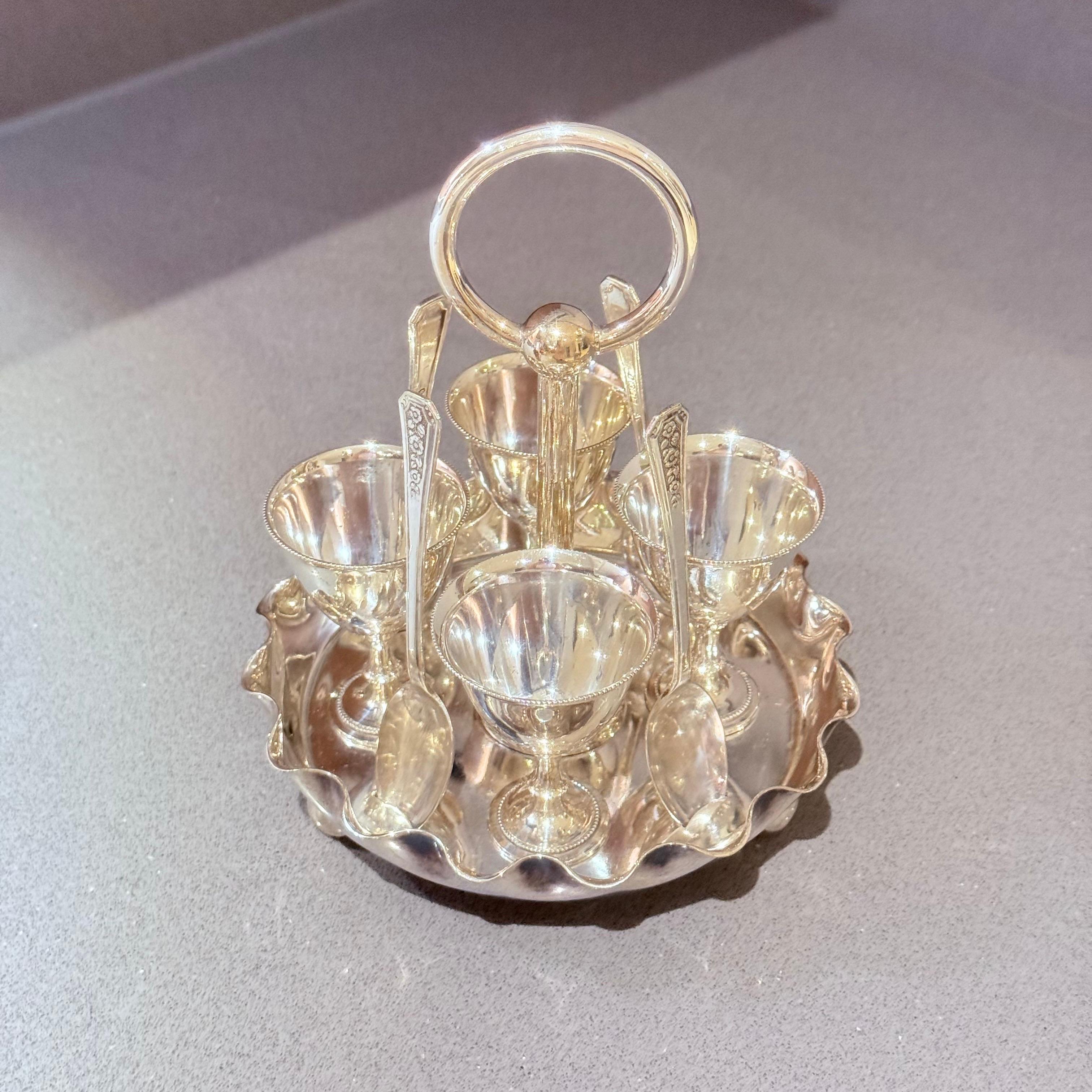 Antique Silver Egg Coddler Stand Holder set of 4 Egg Holder with 4 Silver Spoons For Sale 9
