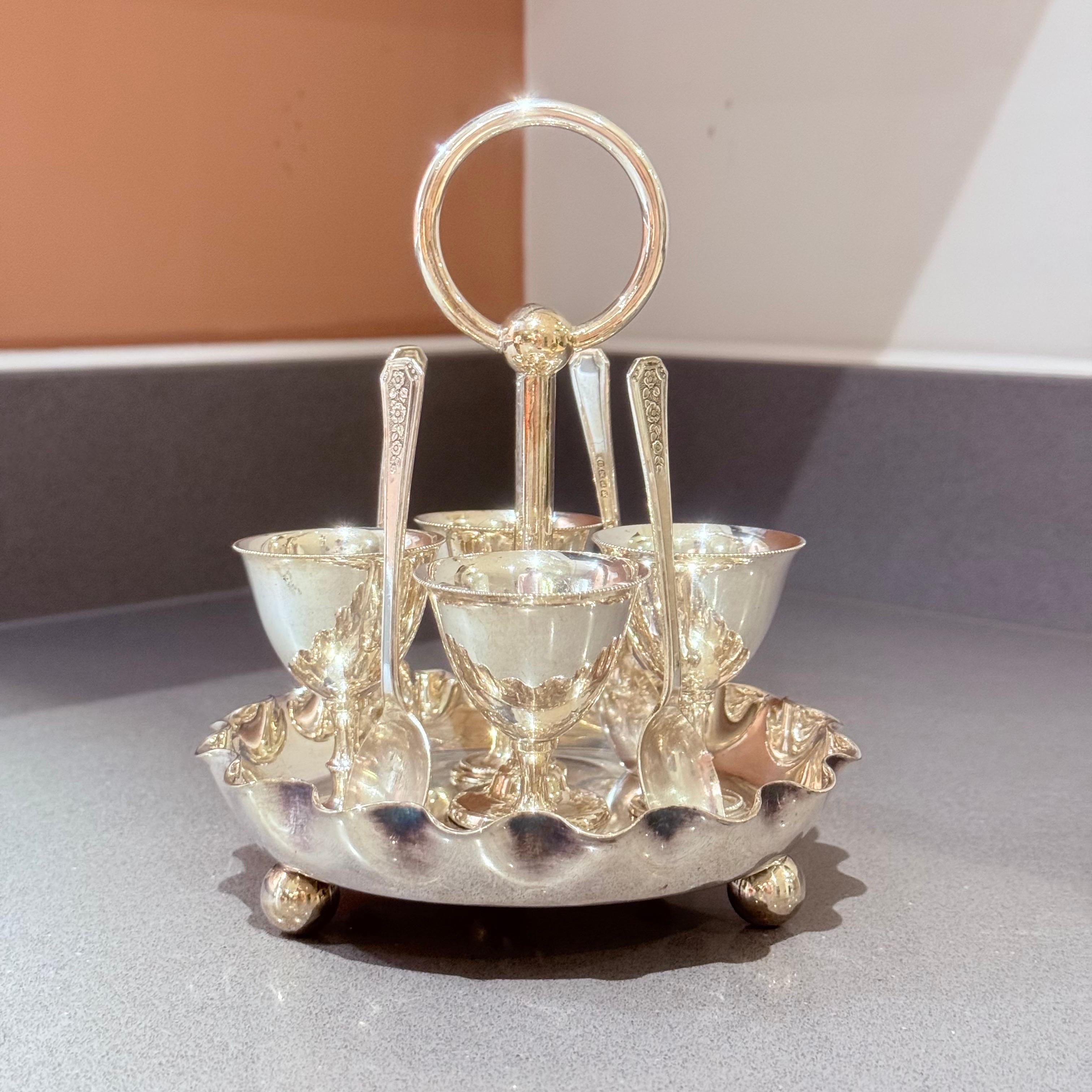 Antique Silver Egg Coddler Stand Holder set of 4 Egg Holder with 4 Silver Spoons For Sale 10