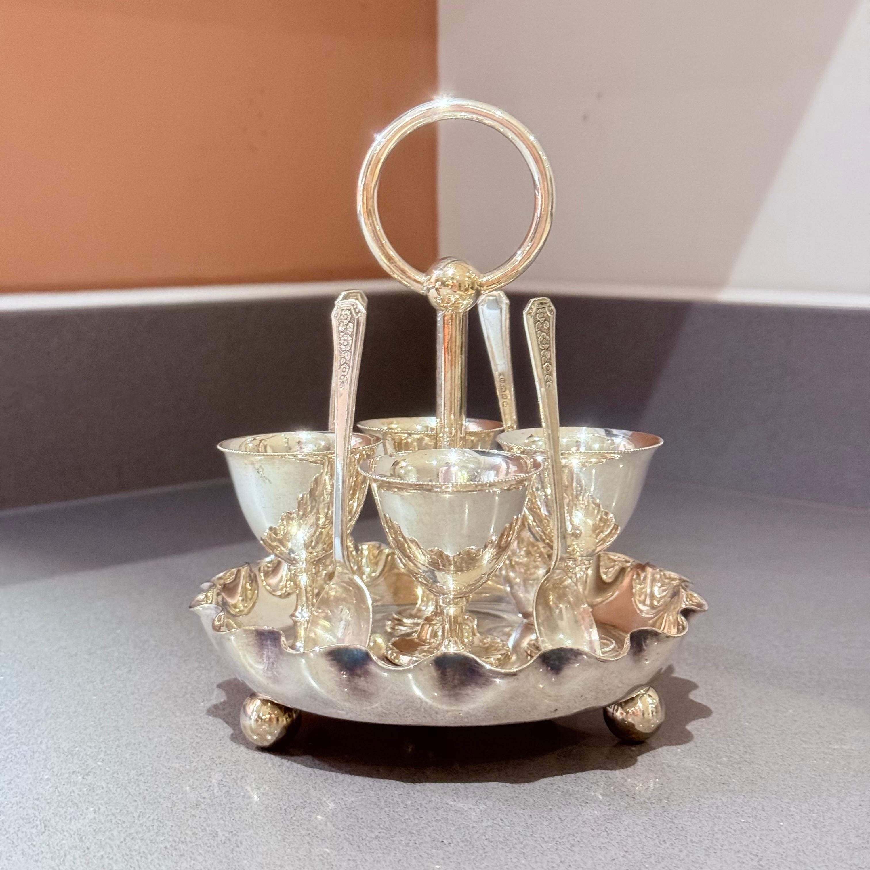 Antique Silver Egg Coddler Stand Holder set of 4 Egg Holder with 4 Silver Spoons For Sale 11