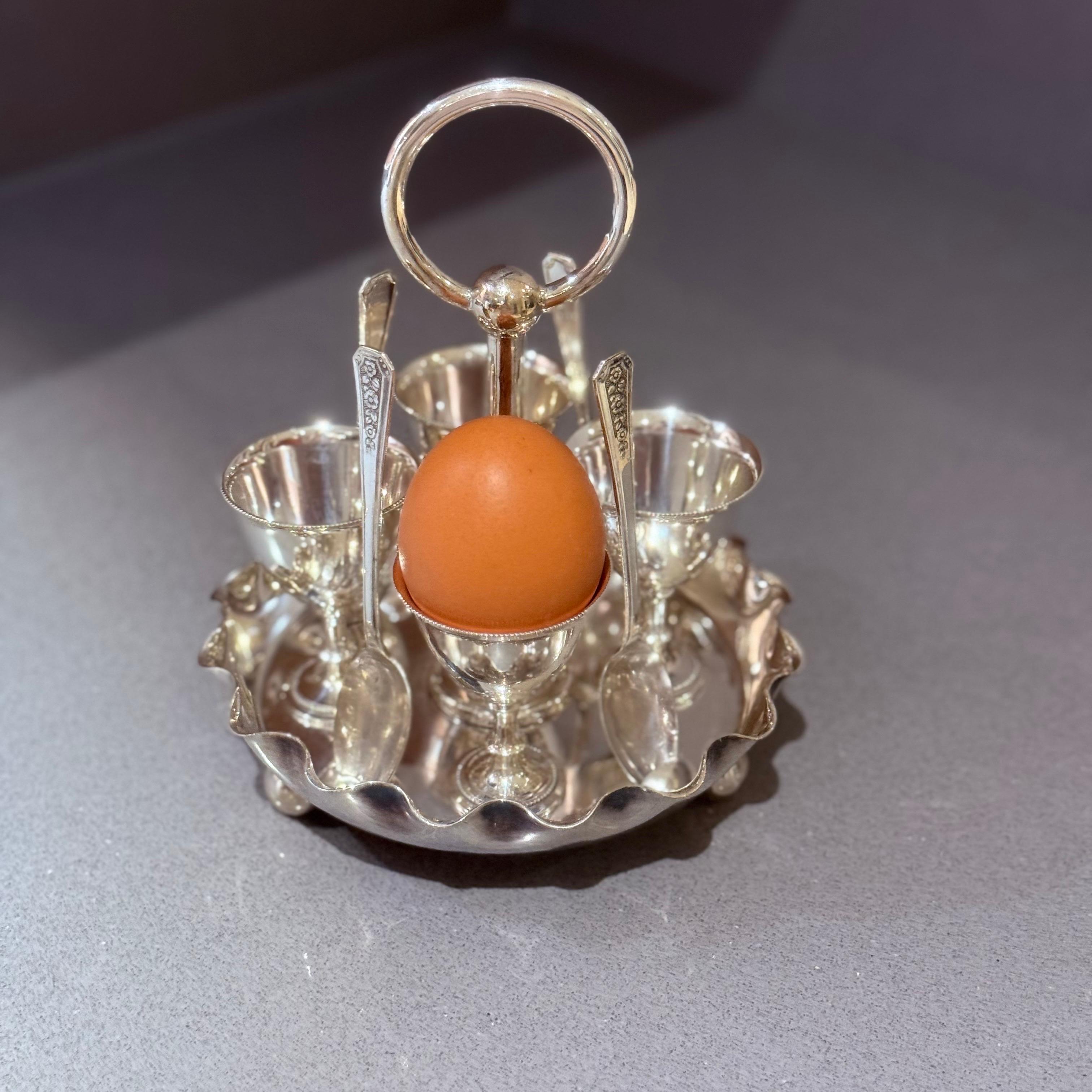 Late 19th Century Antique Silver Egg Coddler Stand Holder set of 4 Egg Holder with 4 Silver Spoons For Sale