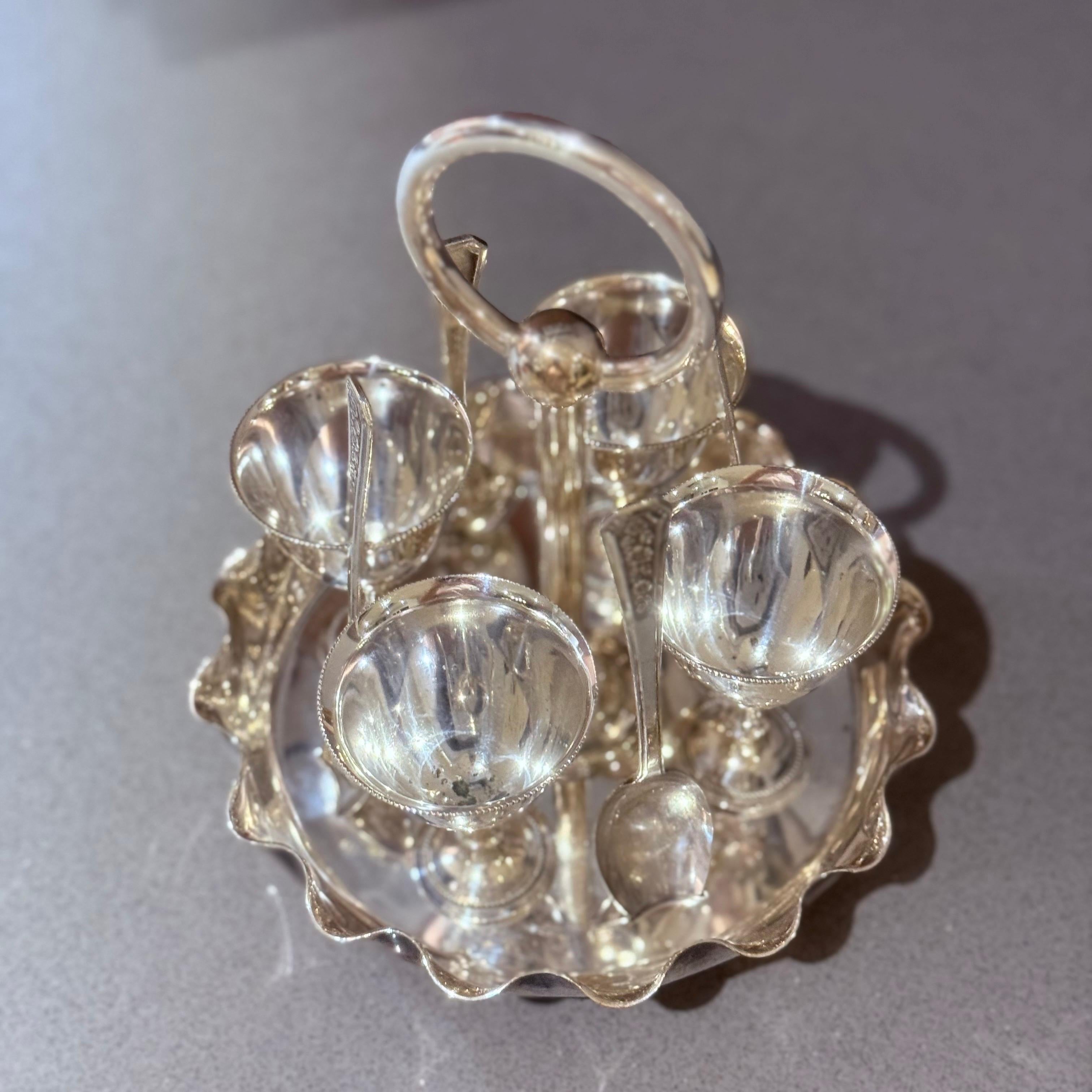 Antique Silver Egg Coddler Stand Holder set of 4 Egg Holder with 4 Silver Spoons For Sale 1