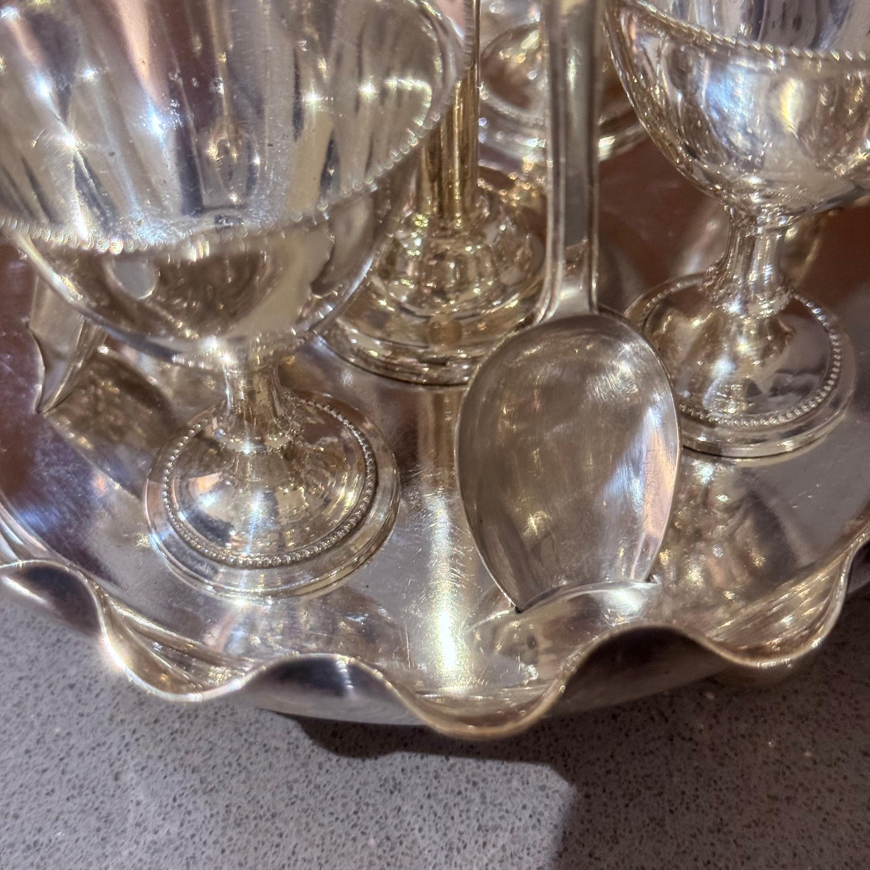 Antique Silver Egg Coddler Stand Holder set of 4 Egg Holder with 4 Silver Spoons For Sale 2