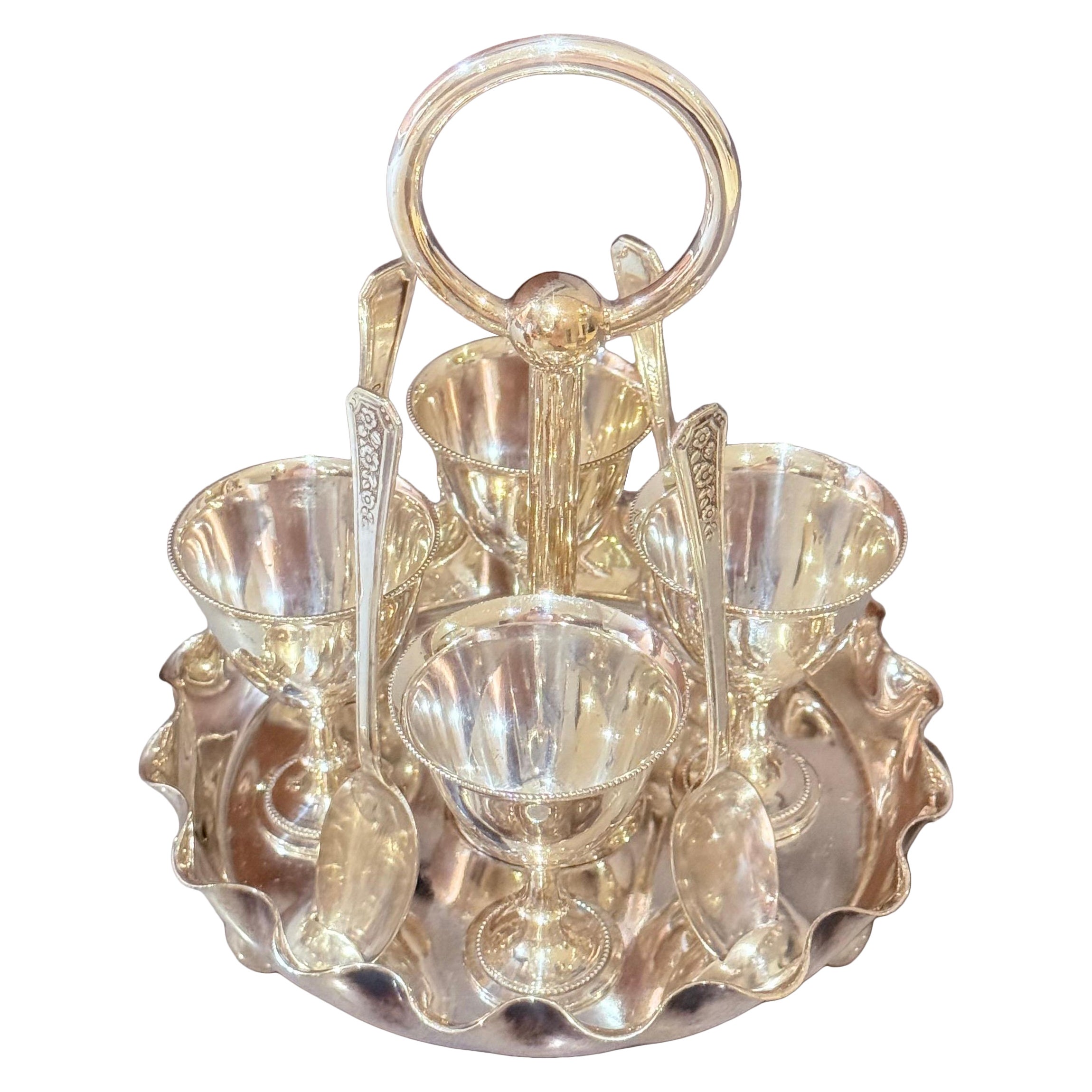 Antique Silver Egg Coddler Stand Holder set of 4 Egg Holder with 4 Silver Spoons For Sale