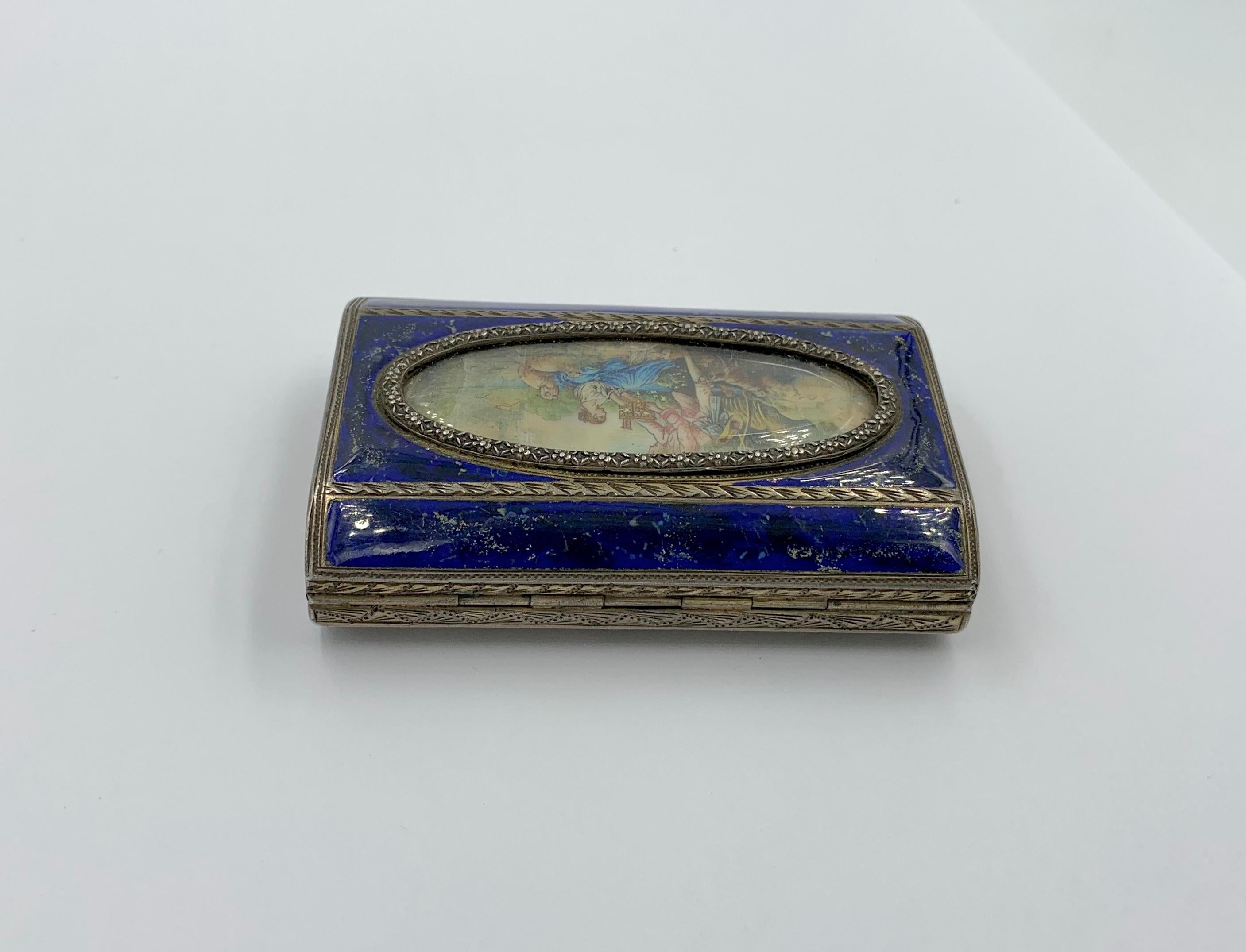 Antique Silver Enamel Box Hand Painted Courting Miniature Bird Cage Dog Lamb 3