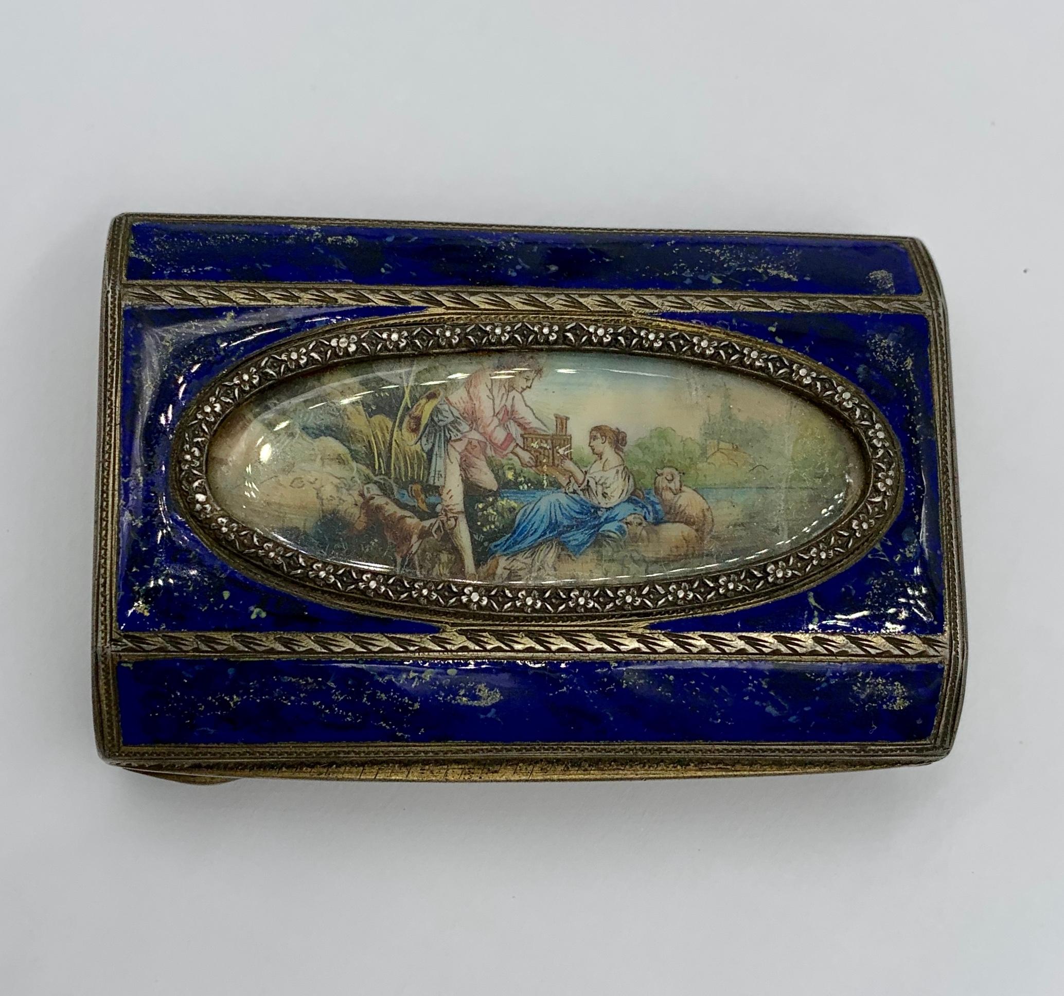 Antique Silver Enamel Box Hand Painted Courting Miniature Bird Cage Dog Lamb In Good Condition In New York, NY