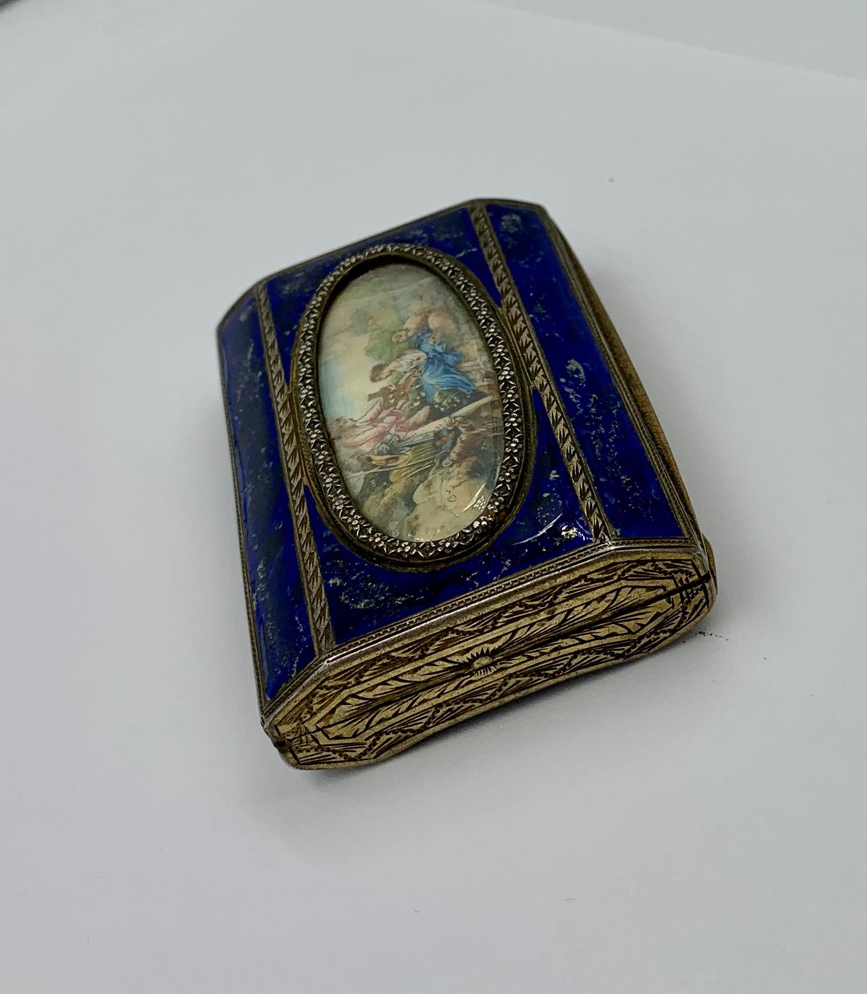 Women's or Men's Antique Silver Enamel Box Hand Painted Courting Miniature Bird Cage Dog Lamb