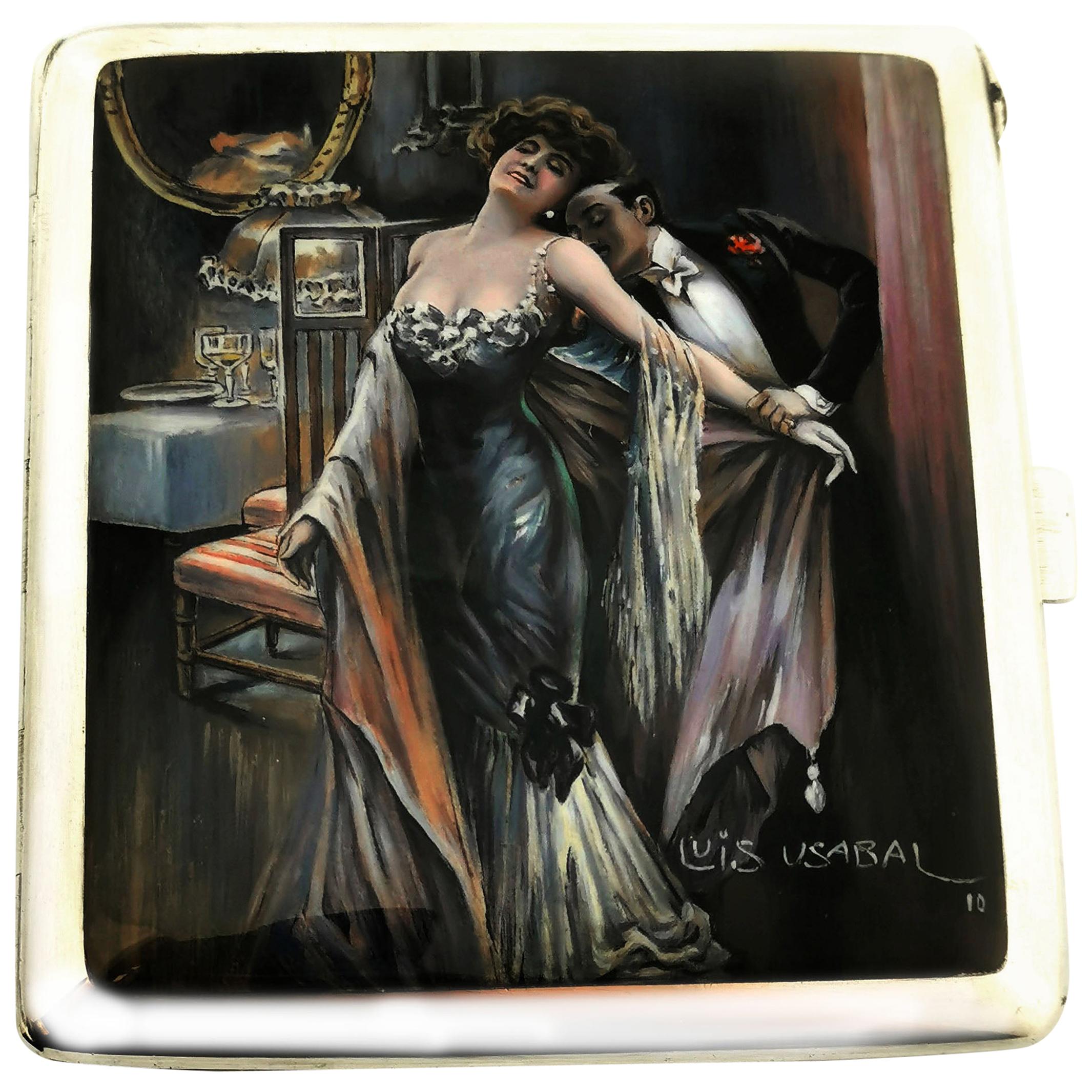 Antique Silver and Enamel Erotic Cigarette Case 1910 Luis Usabal