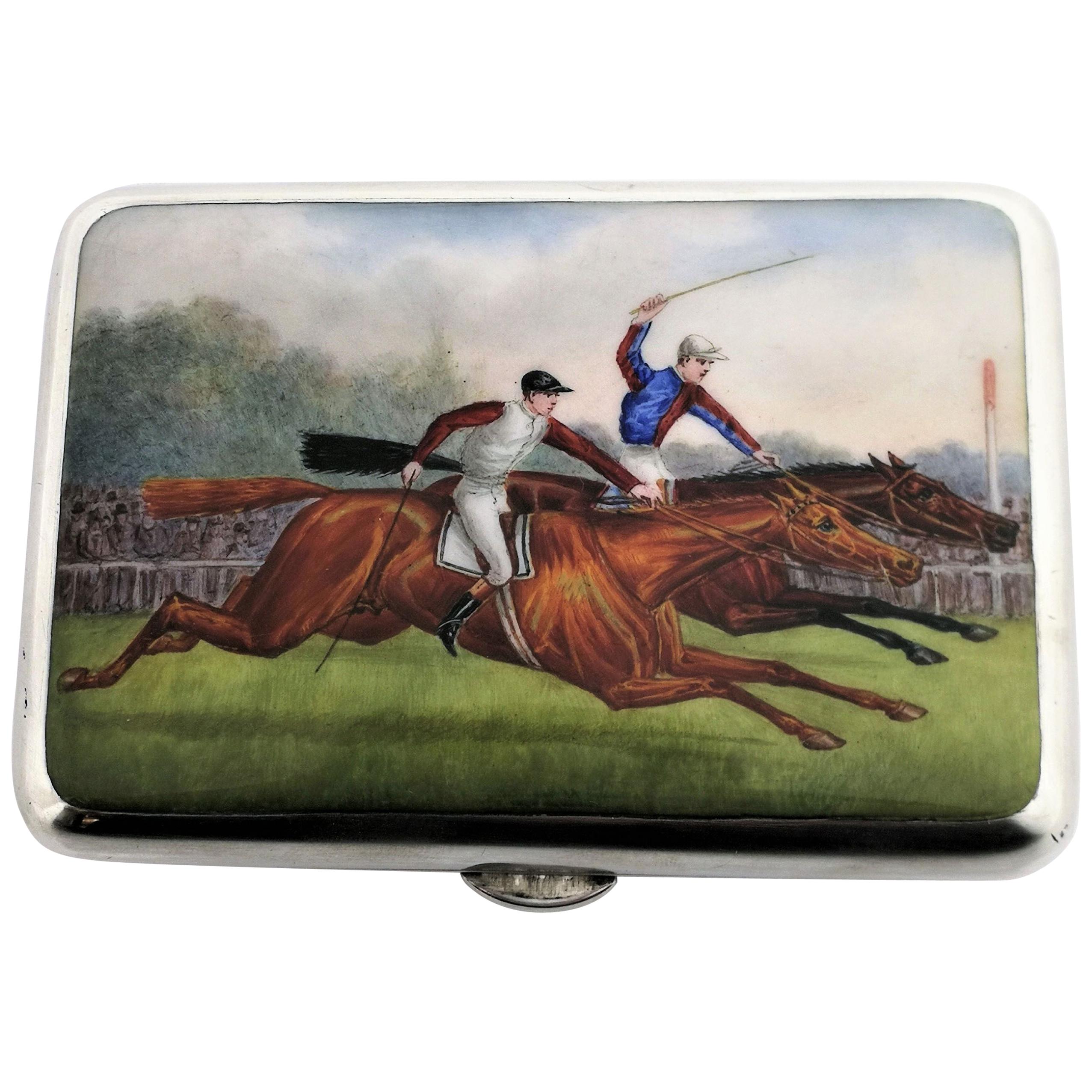 Antique Silver Enamel Cigarette Case Sampson Mordan Horse Racing Equestrian 1892