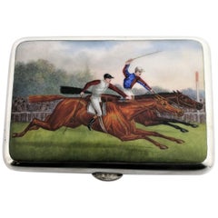 Used Silver Enamel Cigarette Case Sampson Mordan Horse Racing Equestrian 1892