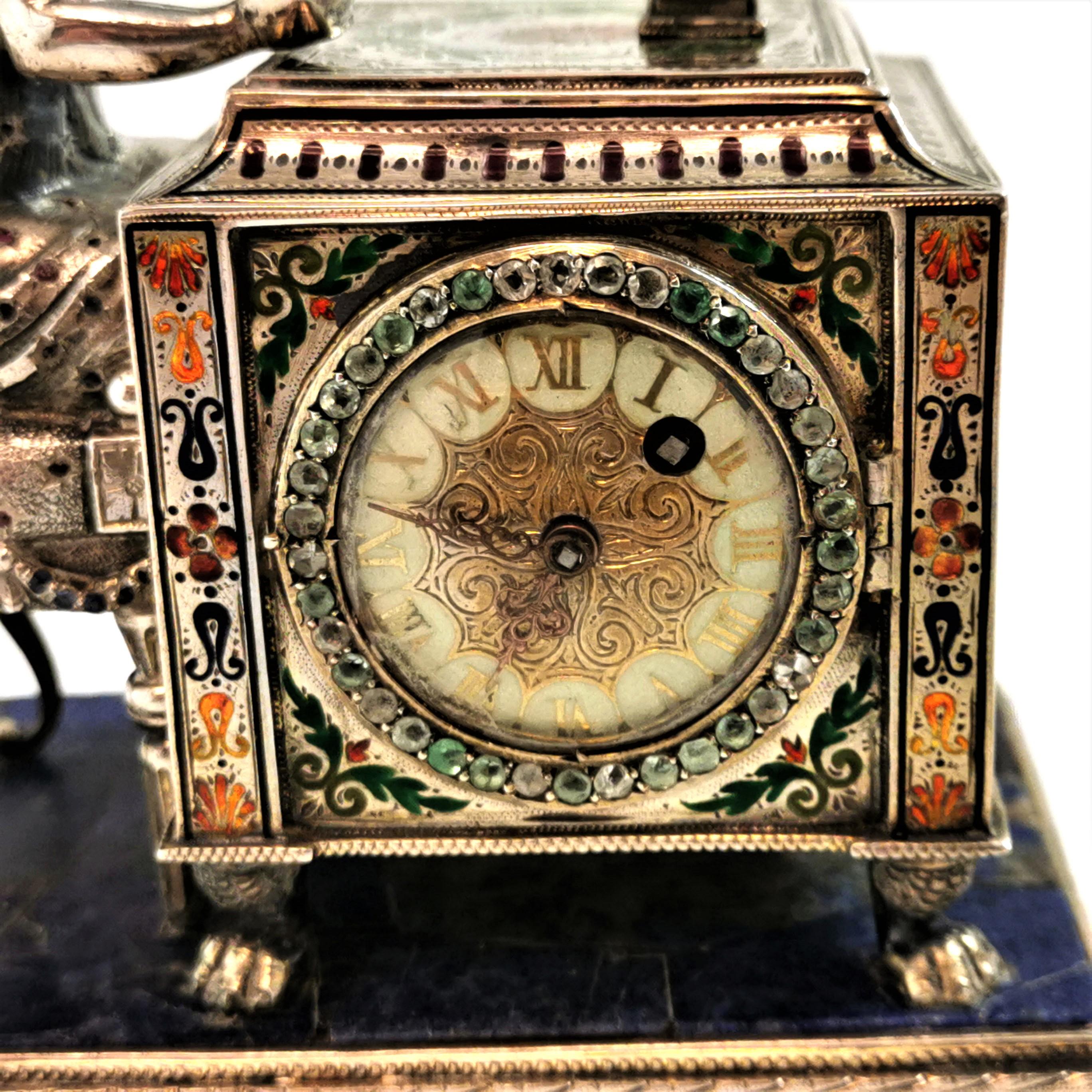 Antique Silver Enamel Clock Vienna Austria Ruby, Sapphire Lady at Desk c. 1890 5