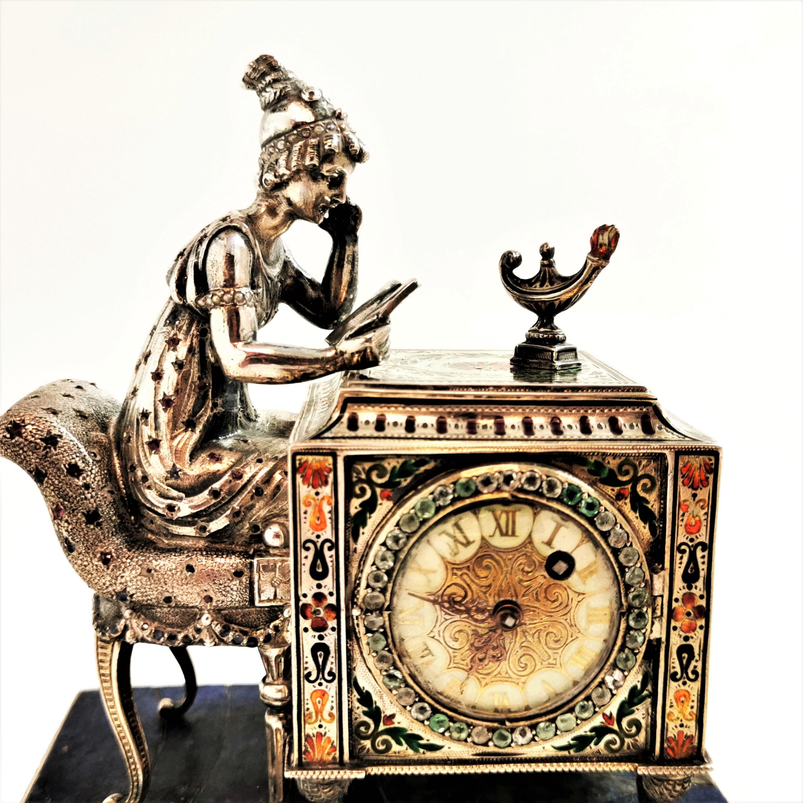 Austrian Antique Silver Enamel Clock Vienna Austria Ruby, Sapphire Lady at Desk c. 1890