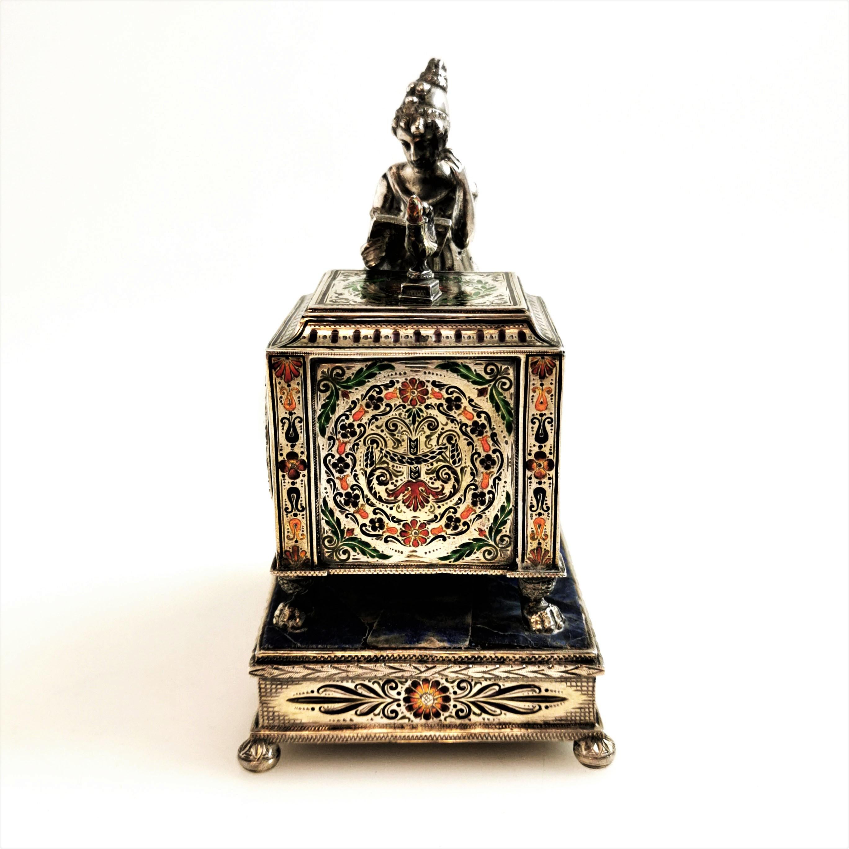 Antique Silver Enamel Clock Vienna Austria Ruby, Sapphire Lady at Desk c. 1890 In Good Condition In London, GB