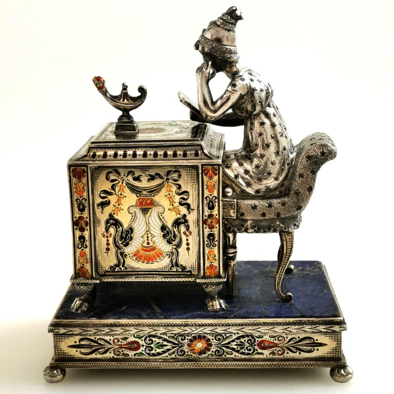 Antique Silver Enamel Clock Vienna Austria Ruby, Sapphire Lady at Desk ...