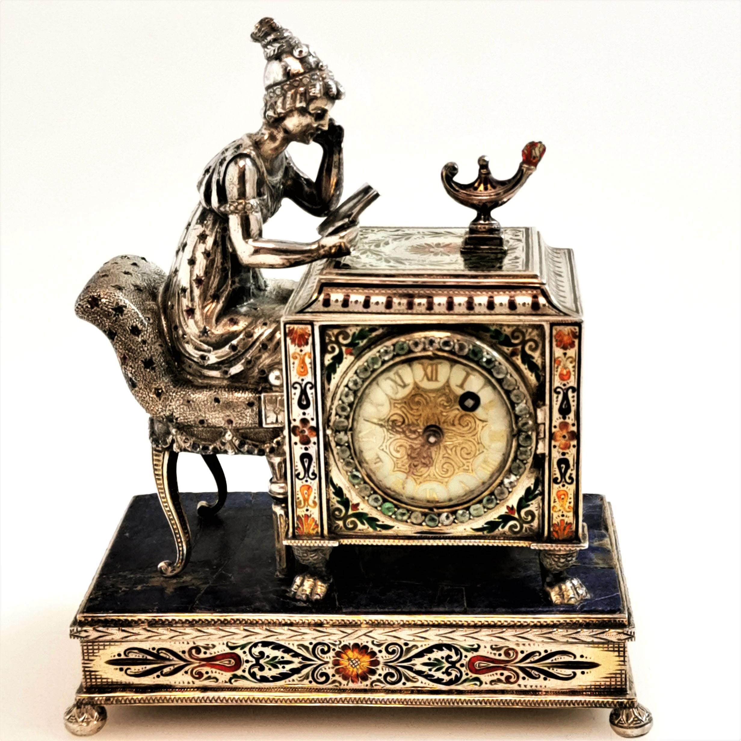 Antique Silver Enamel Clock Vienna Austria Ruby, Sapphire Lady at Desk c. 1890 4