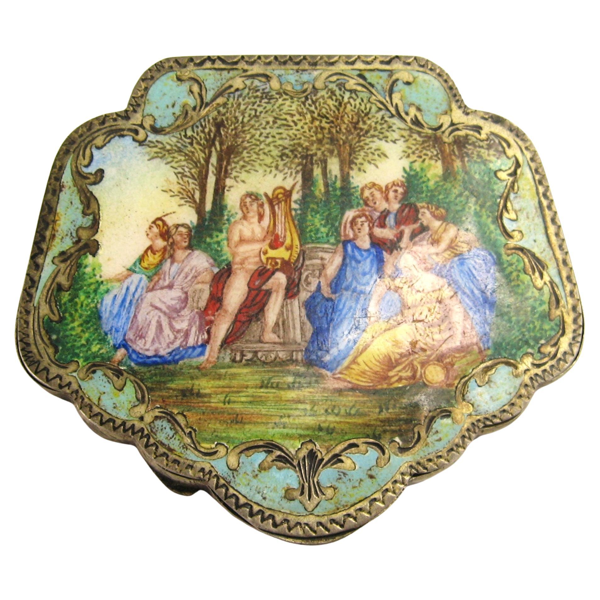 Antique Silver Enamel Figures Garden Scene Compact For Sale