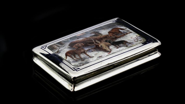 Antique European silver box, has lifelike enamel painting depicting a hunting scene, signed on the bottom left of the painting.
The signed artist has not been identified.
Made in Europe, early 20th century.
Interior lid of the box is hallmarked