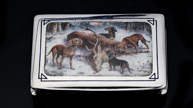 Antique Silver Enamel Painting Hunting Scene Box, Europe In Good Condition For Sale In Braintree, GB